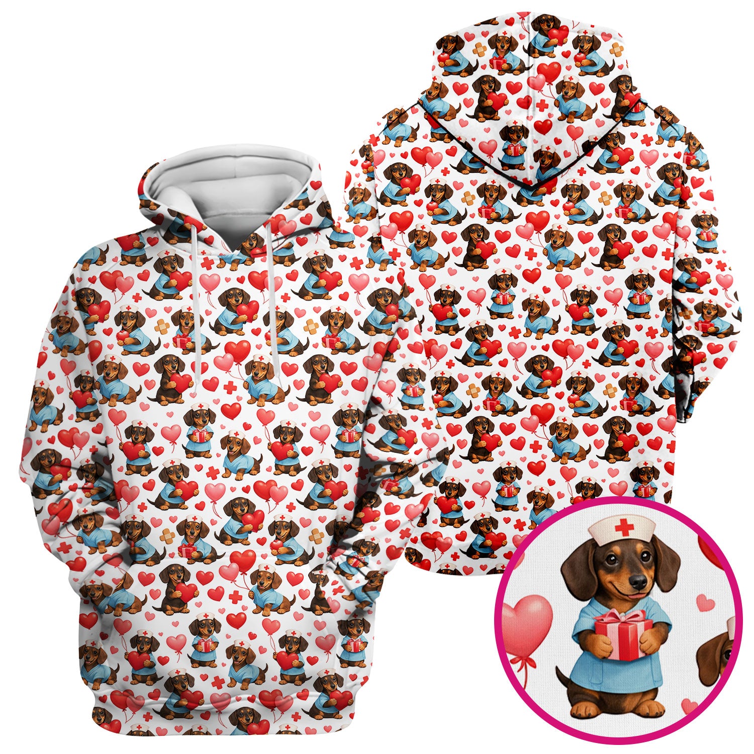 Dachshund Valentine Nurse Scrub Top, Cute  Wiener Dog Medical Pattern Shirt, Breathable Fabrics Nursing Uniform