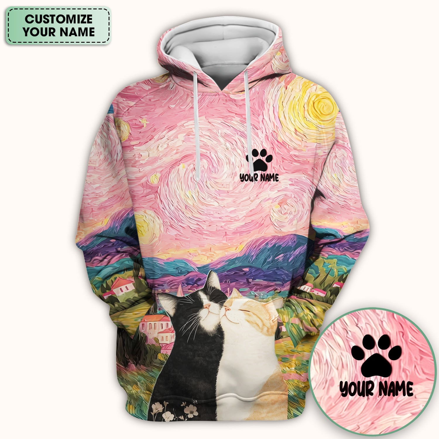 Personalized Cat Couple Sunset Swirl Sky Landscape Pattern Scrub Top, Comfortable Scrubs for Nurses