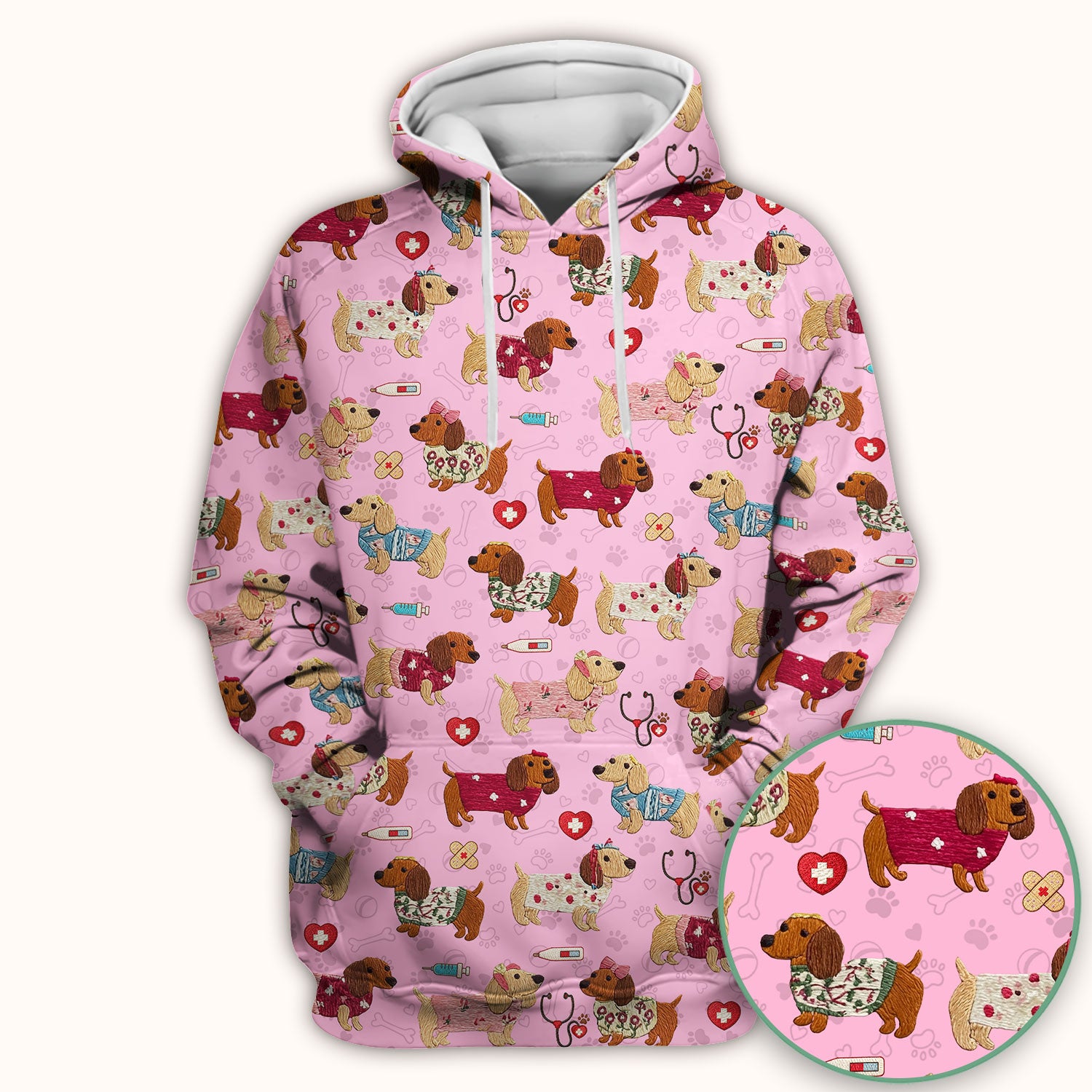 Cute Medical Wiener Dog Pattern Nurse Shirt, Dachshund Nursing Scrub Top, Breathable Fabrics Nursing Uniform