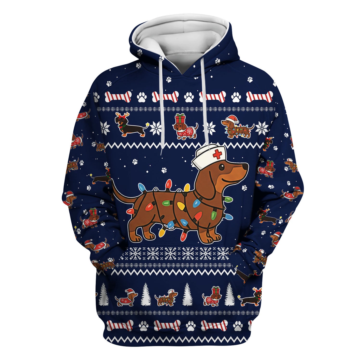 Christmas Dachshund Nurse Scrub Top for Women - Cute Sausage Dog Wearing Lights - Funny Holiday Medical Shirt Gift for RN CNA LPN
