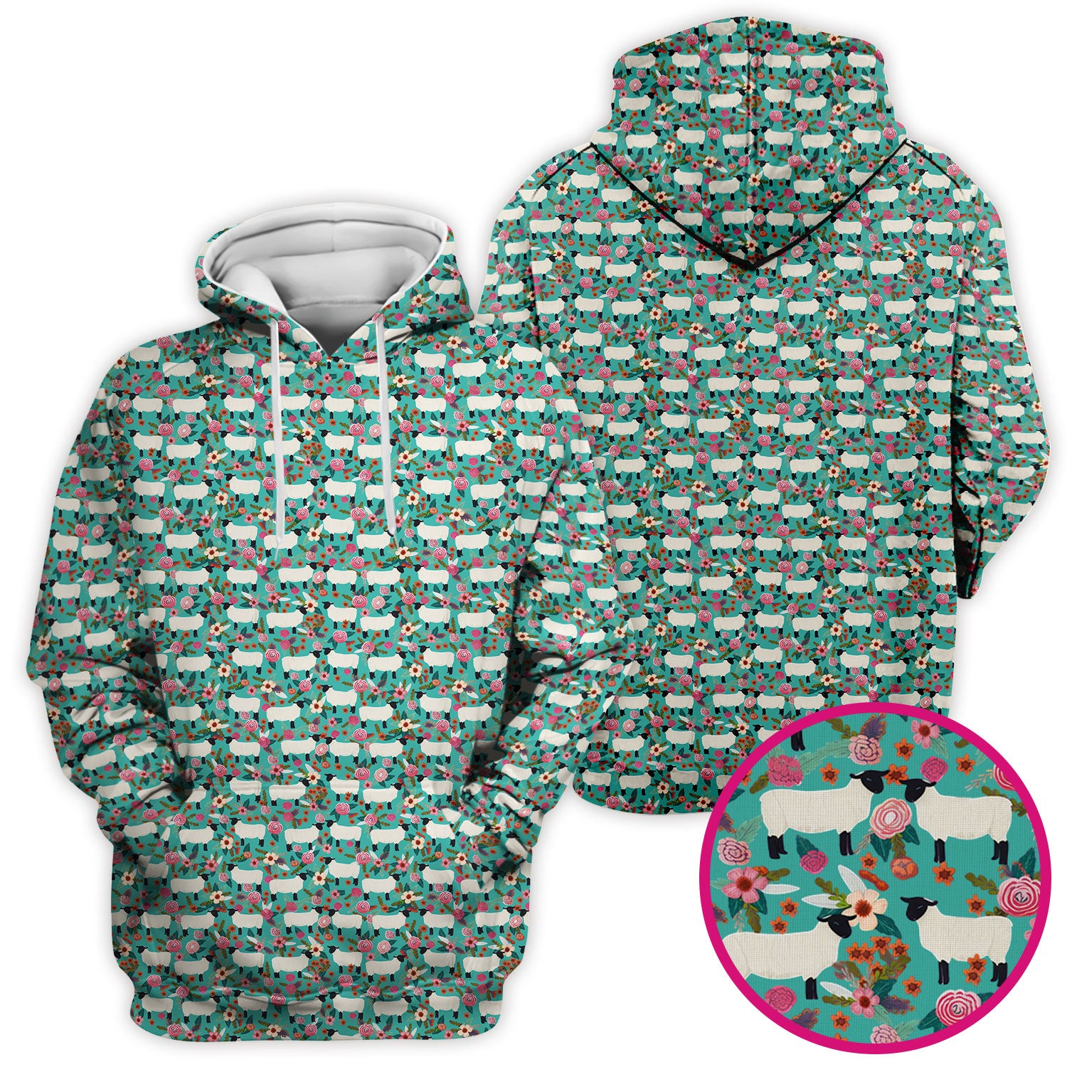 Cute Sheep Floral Meadow Pattern Scrub Top, Comfortable Scrubs For Nurses