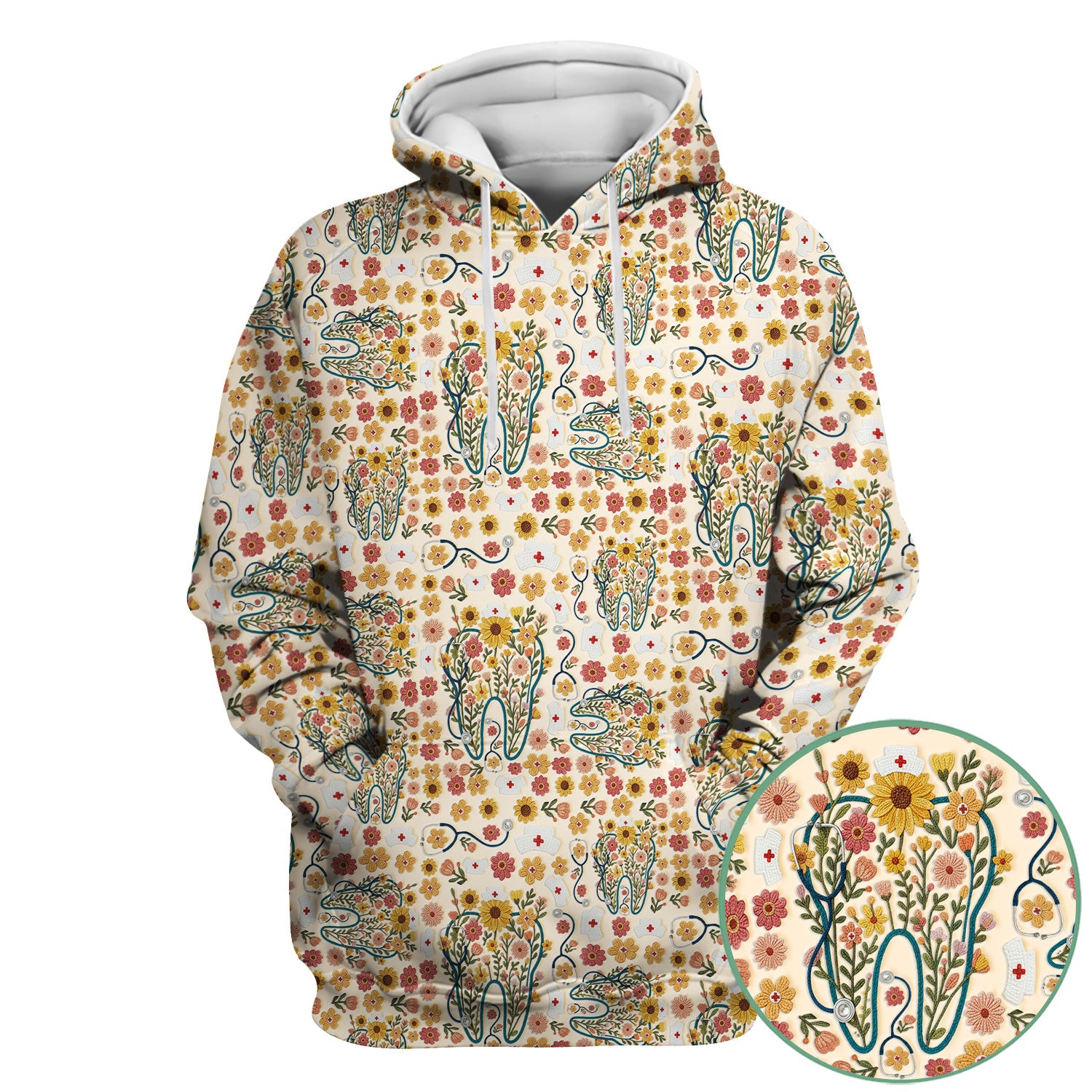 Boho Floral Tooth Scrub Top - Aesthetic Dental Scrubs for Women - Cute Flower Tooth Pattern Medical Uniform - Hygienist Christmas Gift
