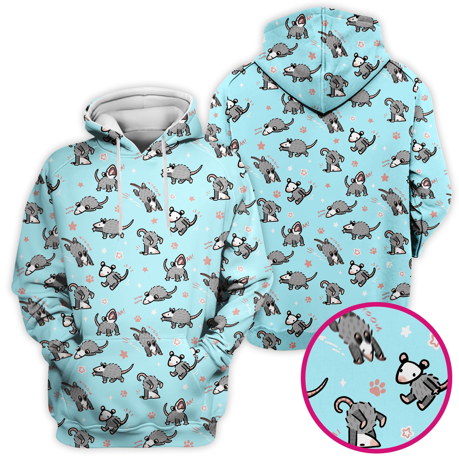 Playful Cartoon Opossum Character Pattern Scrub Top, Breathable Fabrics Nursing Uniform