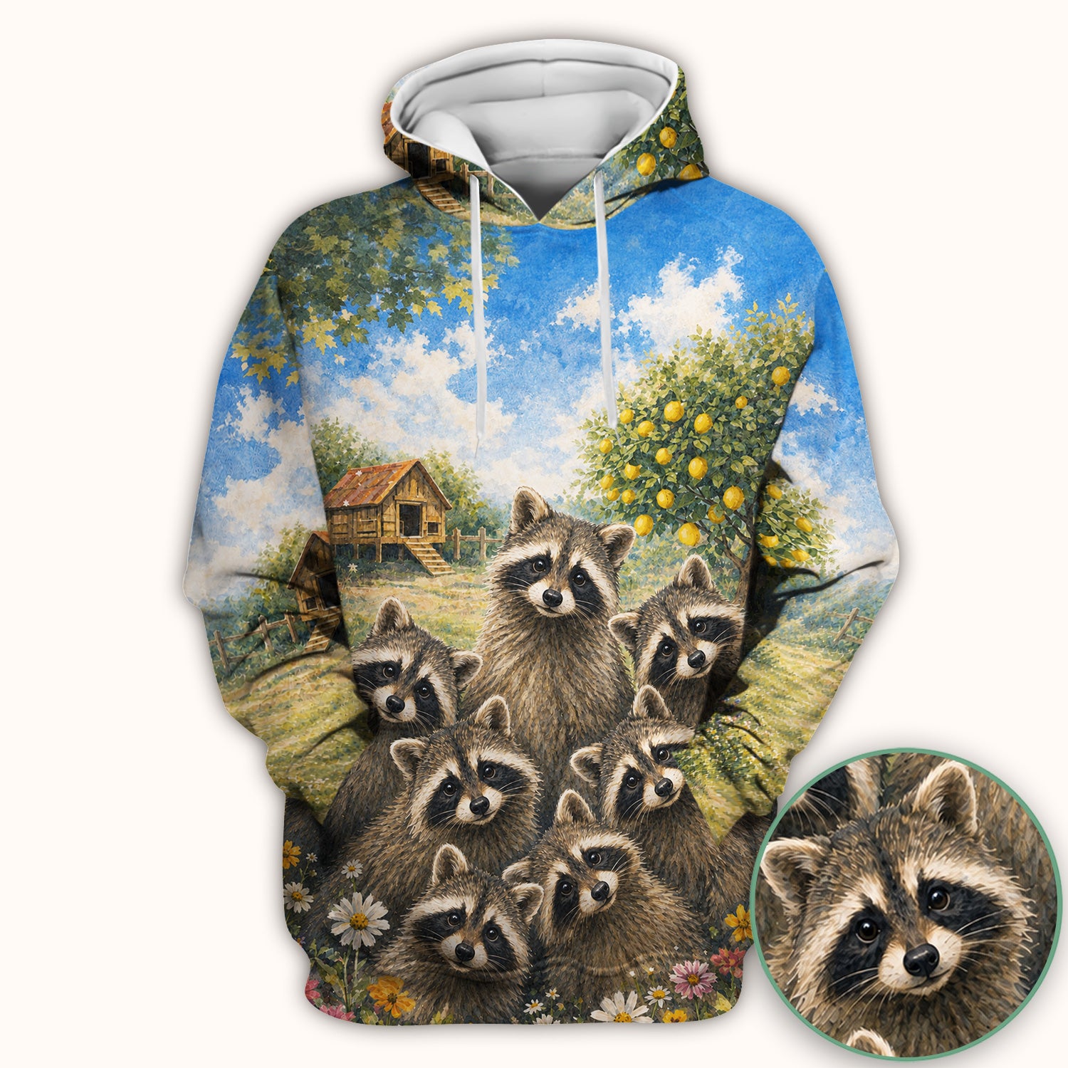 Adorable Raccoon Family Garden Pattern Scrub Top, Comfortable Scrubs for Nurses