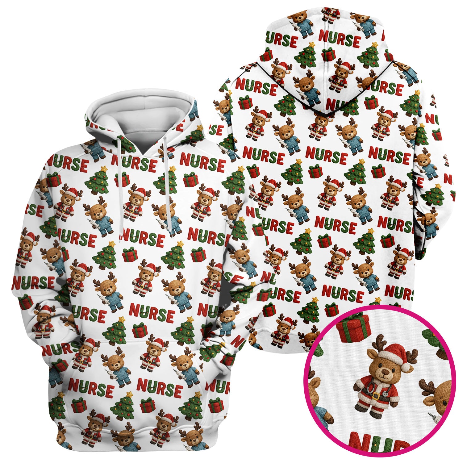 Reindeer Christmas Scrub Top, Cute Holiday Nurse Scrub Shirt, Festive Pattern Nursing Uniform