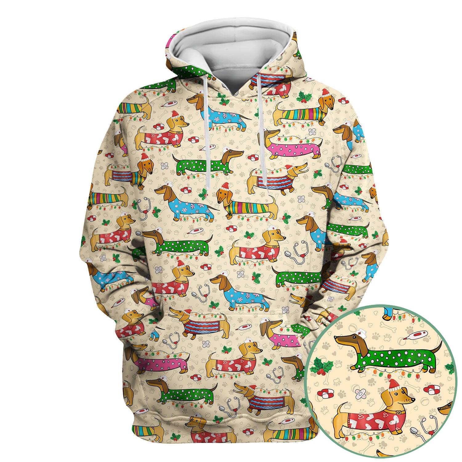 Christmas Dachshund Nurse Scrub Top - Cute Wiener Dog in Holiday Outfit - Funny Medical Shirt Gift for Women RN LPN CNA