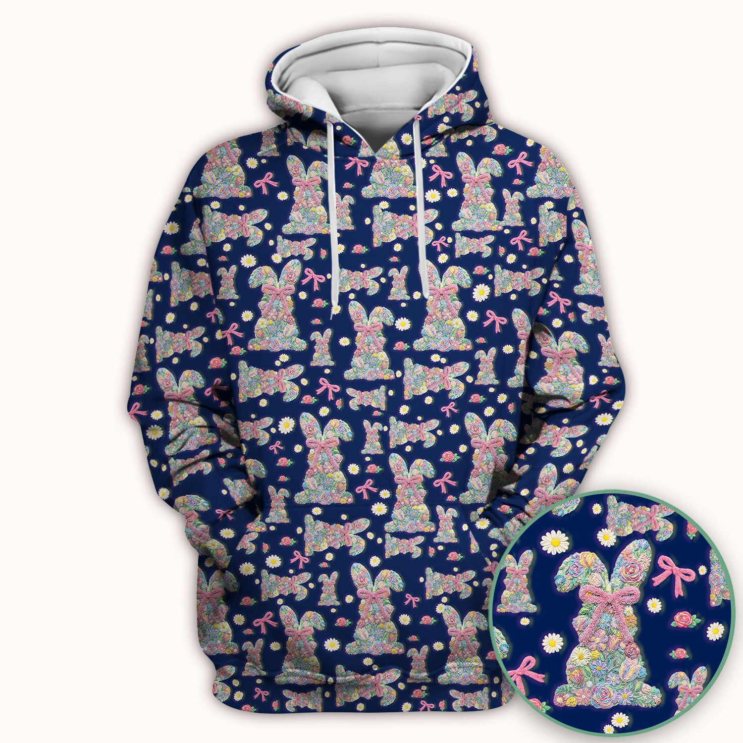 Colorful Floral Bunny with Pink Bow Pattern Scrub Top, Breathable Fabrics Nursing Uniform, Easter