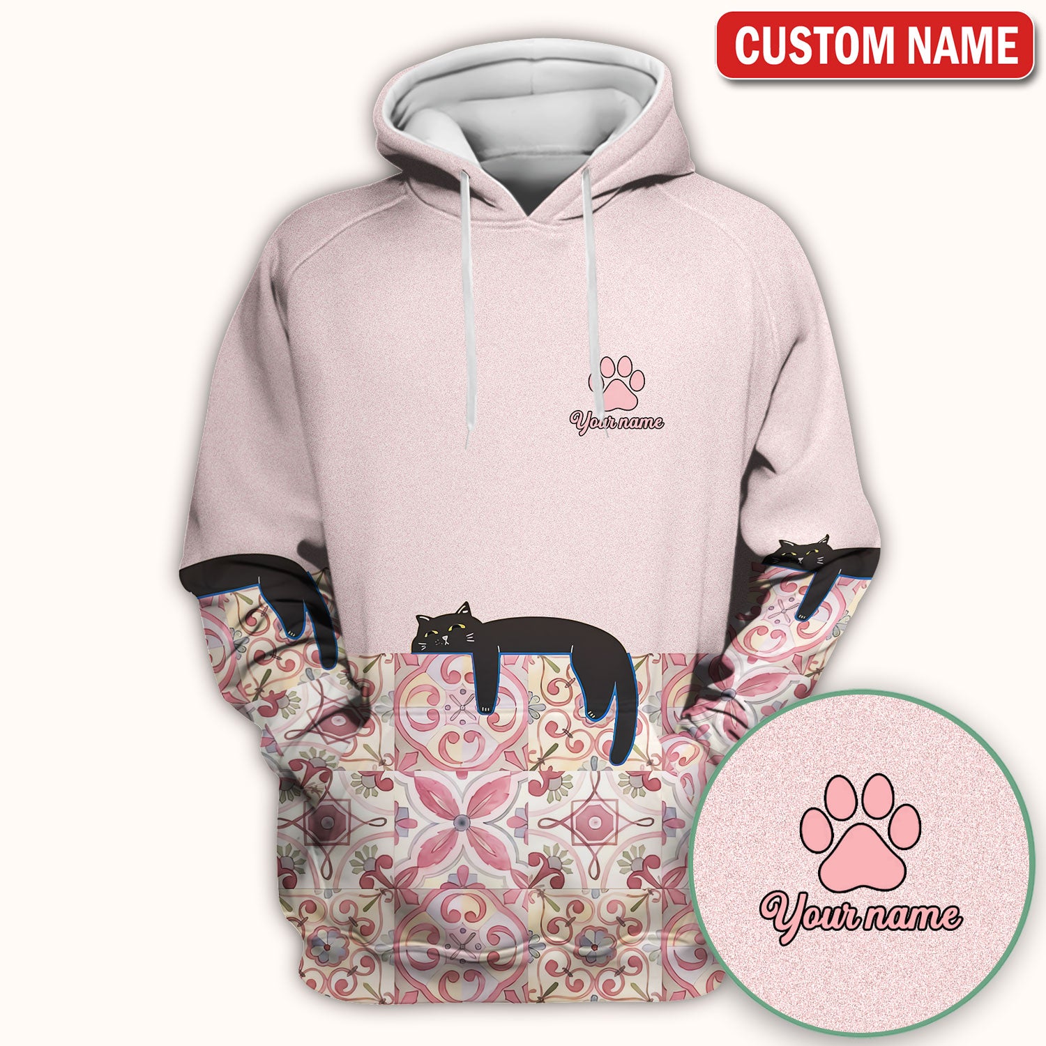 Custom Name Pink Floral Nurse Shirt, Personalized Black Cat Scrub Top For Women, Breathable Fabrics Nursing Uniform