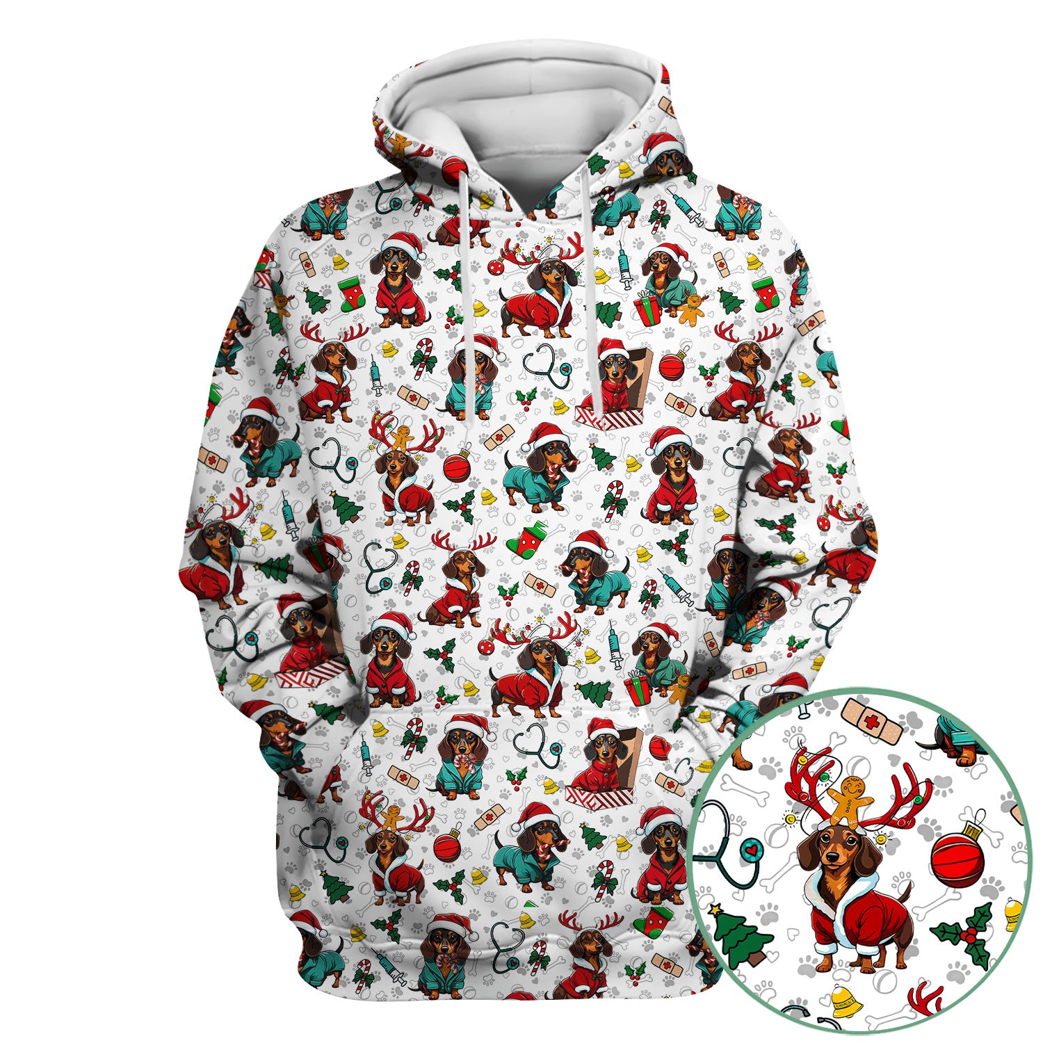 Christmas Dachshund Scrubs for Nurses - Cute Sausage Dog Holiday Scrub Top - Funny Reindeer & Santa Medical Shirt for Women