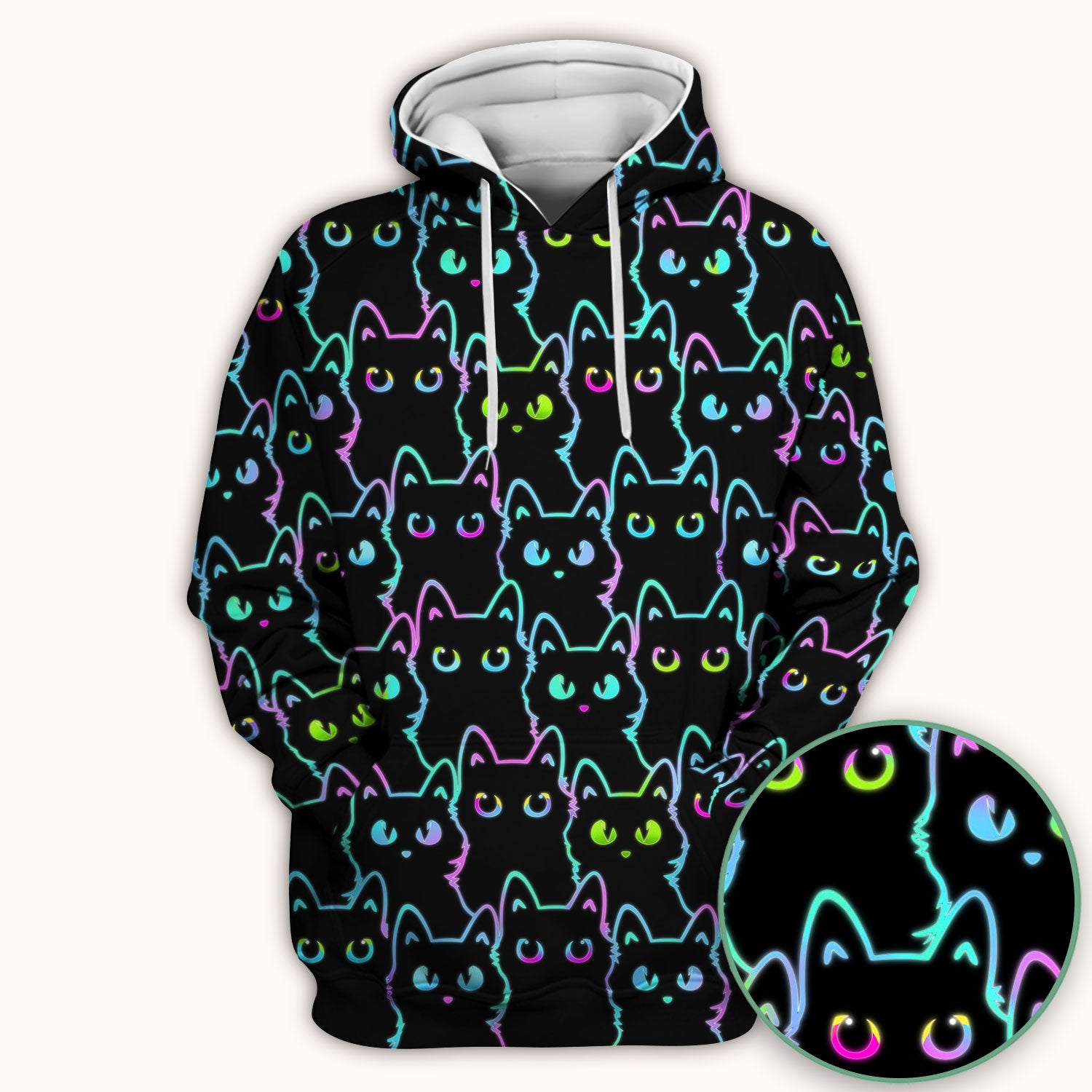 Neon Cat Pattern Scrub Top, Black Cat Scrub Shirt, Breathable Fabrics Nursing Uniform