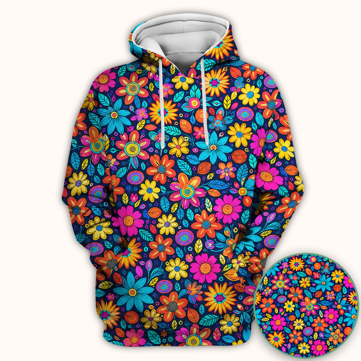 Vibrant Retro Floral Doodle Pattern Scrub Top, Comfortable Scrubs for Nurses