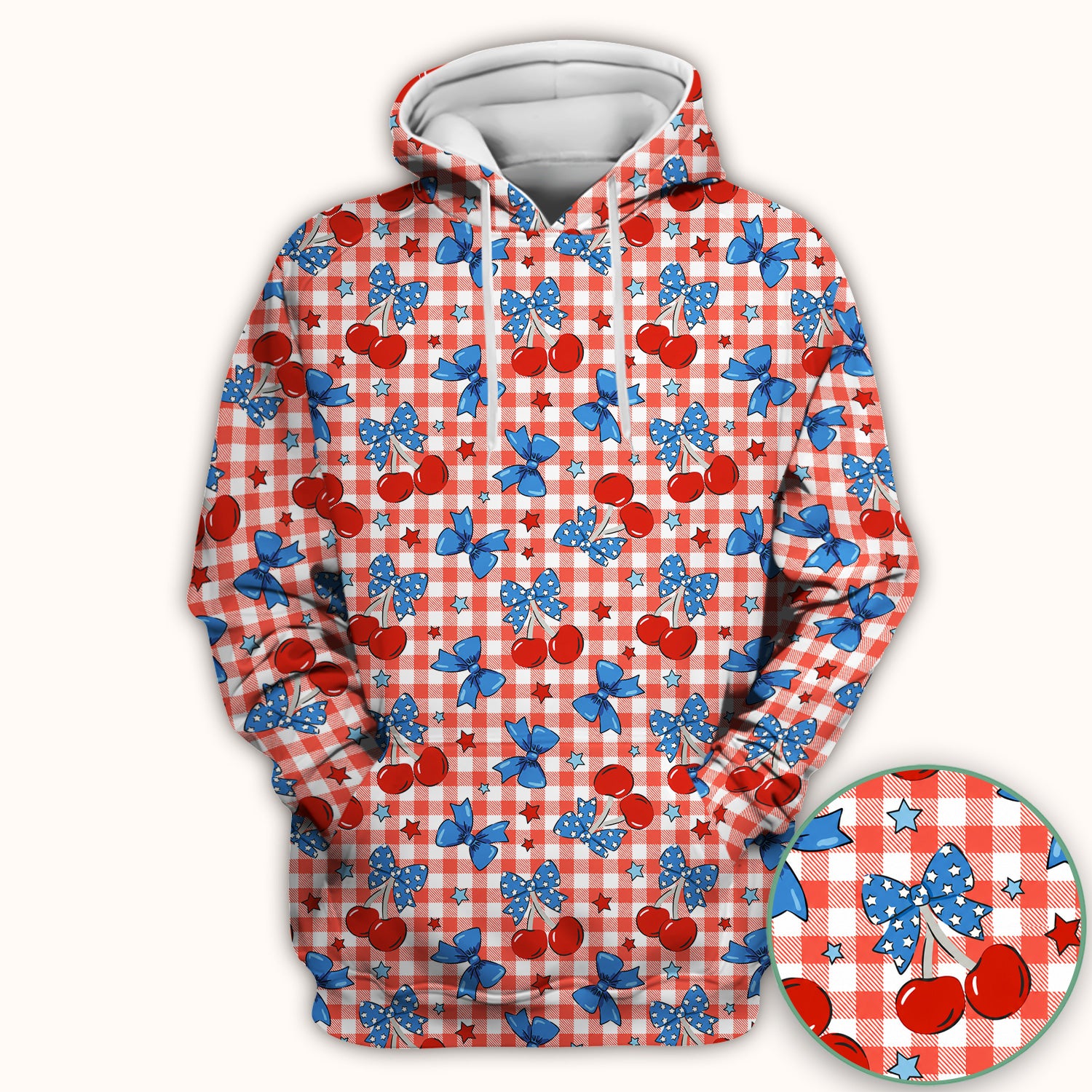 Cute Patriotic Cherry Bow Checkered Pattern Scrub Top, Comfortable Scrubs for Nurses