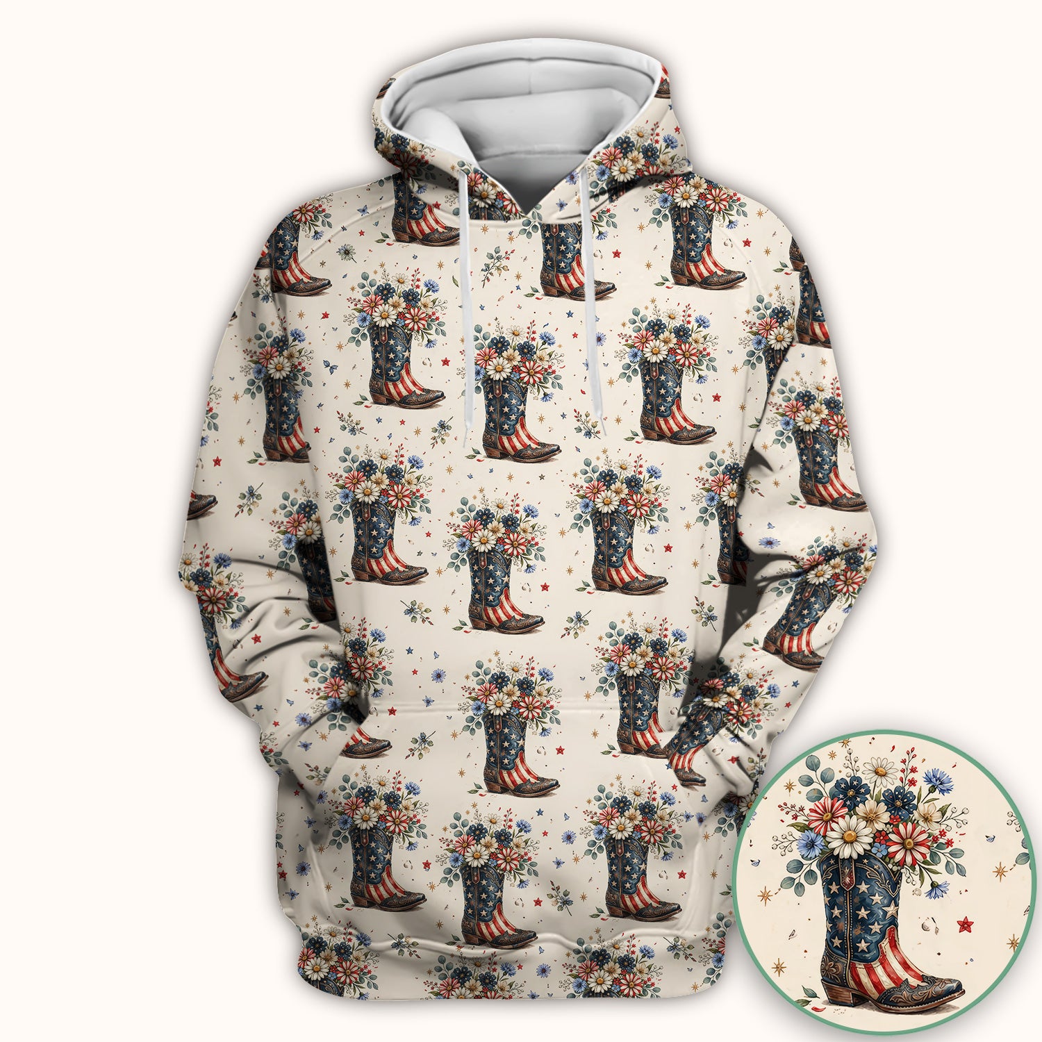 Festive Patriotic Cowboy Boots Flower Pattern Scrub Top, Comfortable Scrubs for Nurses