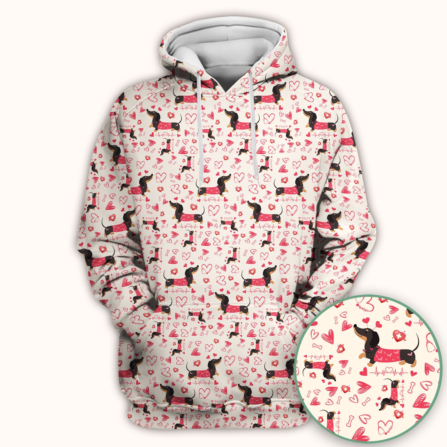 Dachshund Valentine Scrub Top, Cute Wiener Dog Heart Pattern Nurse Shirt, Breathable Fabrics Nursing Uniform