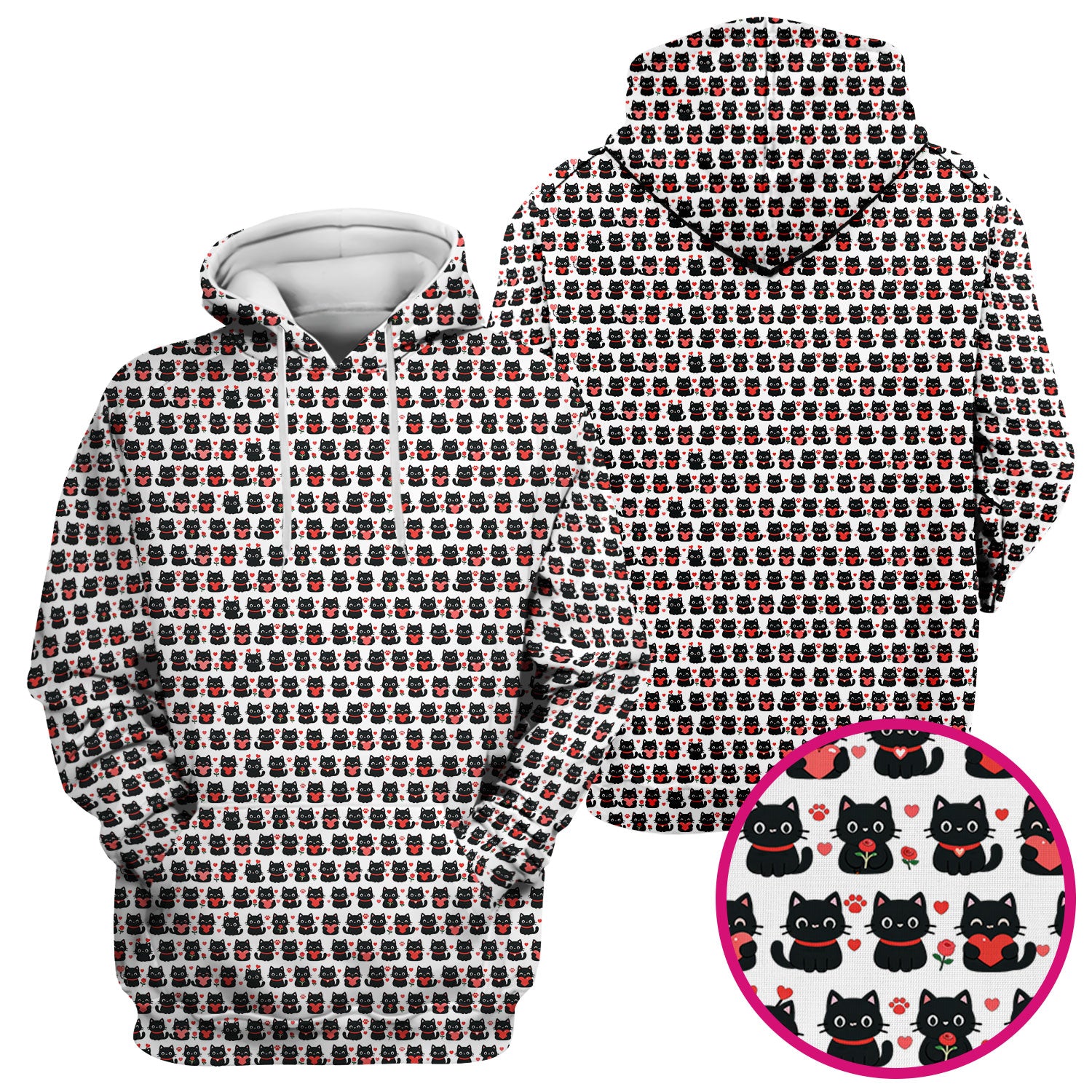 Black Cat Valentine Nurse Scrub Top, Cute Heart Pattern Medical Shirt, Breathable Fabrics Nursing Uniform