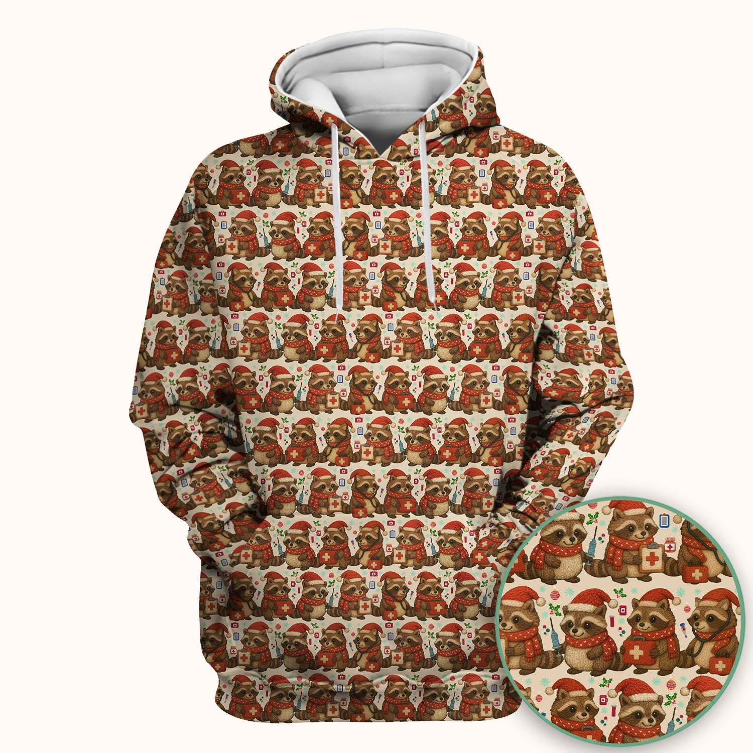 Christmas Scrub Top – Nurse Raccoon Pattern Shirt – Cute Medical Uniform For Nursing