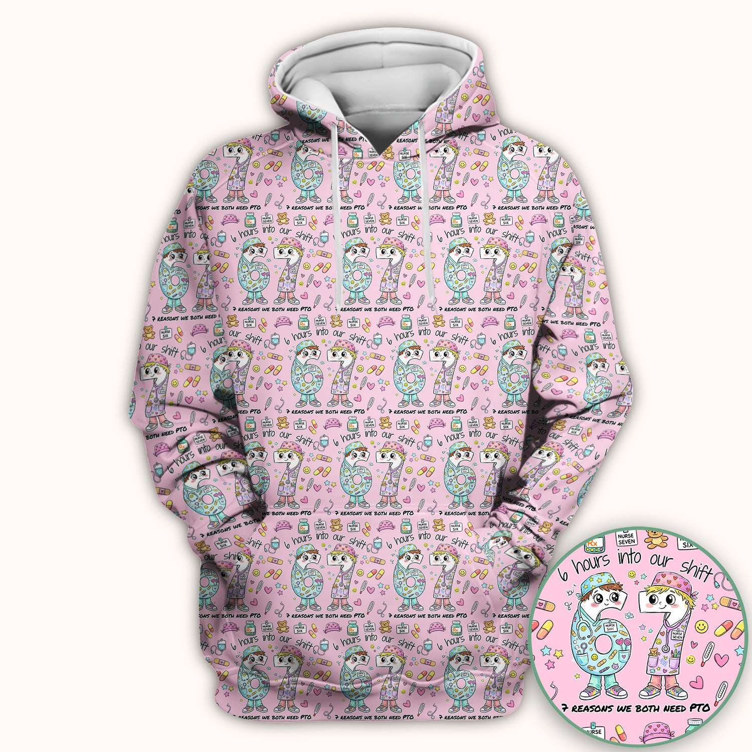 Cartoon Characters Six Hours Into Shift With Medical Doodle Scrub Top, Breathable Fabrics Nursing Uniform