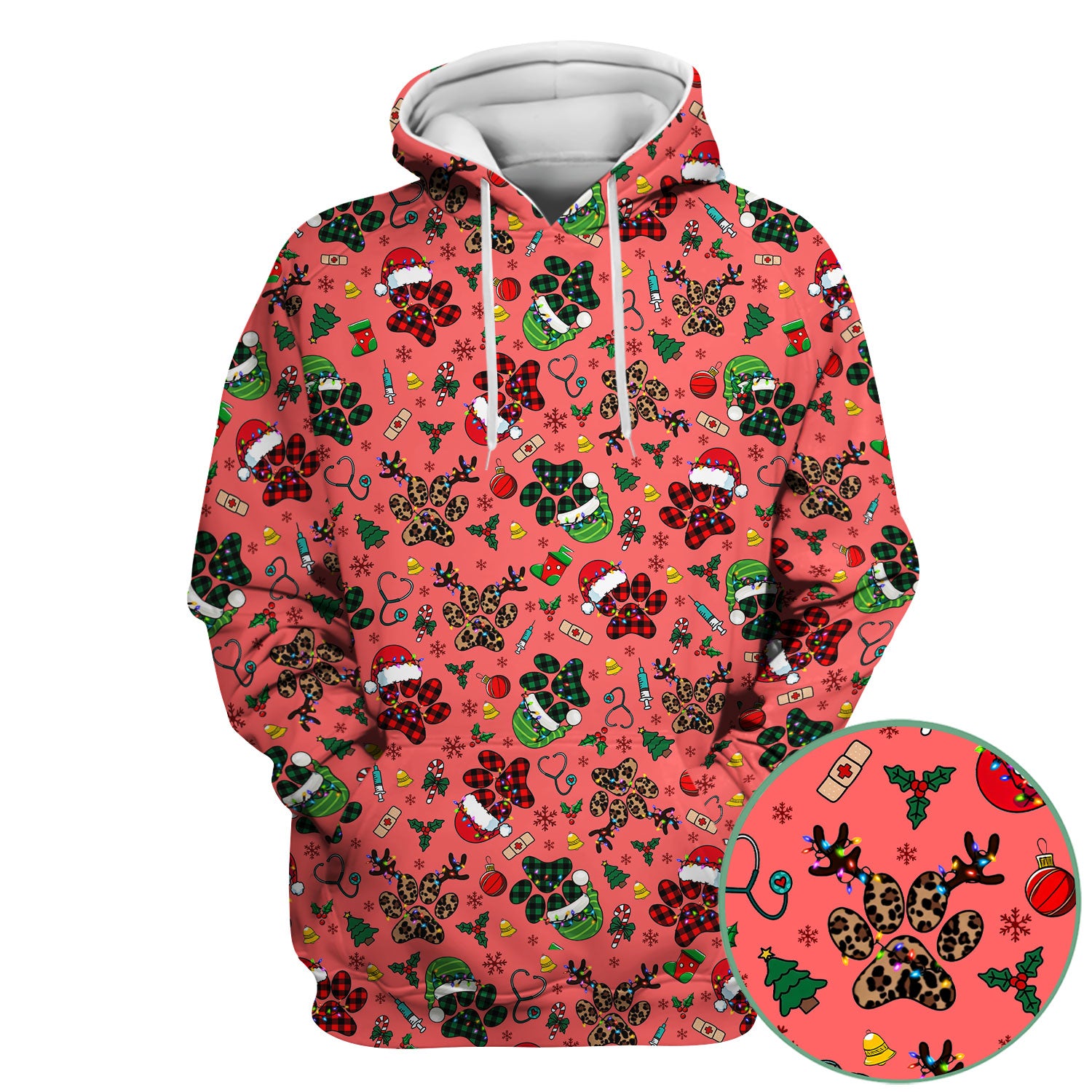 Christmas Paw Print Scrub Top for Nurses - Cute Leopard Holiday Pattern - Funny Festive Medical Uniform Gift