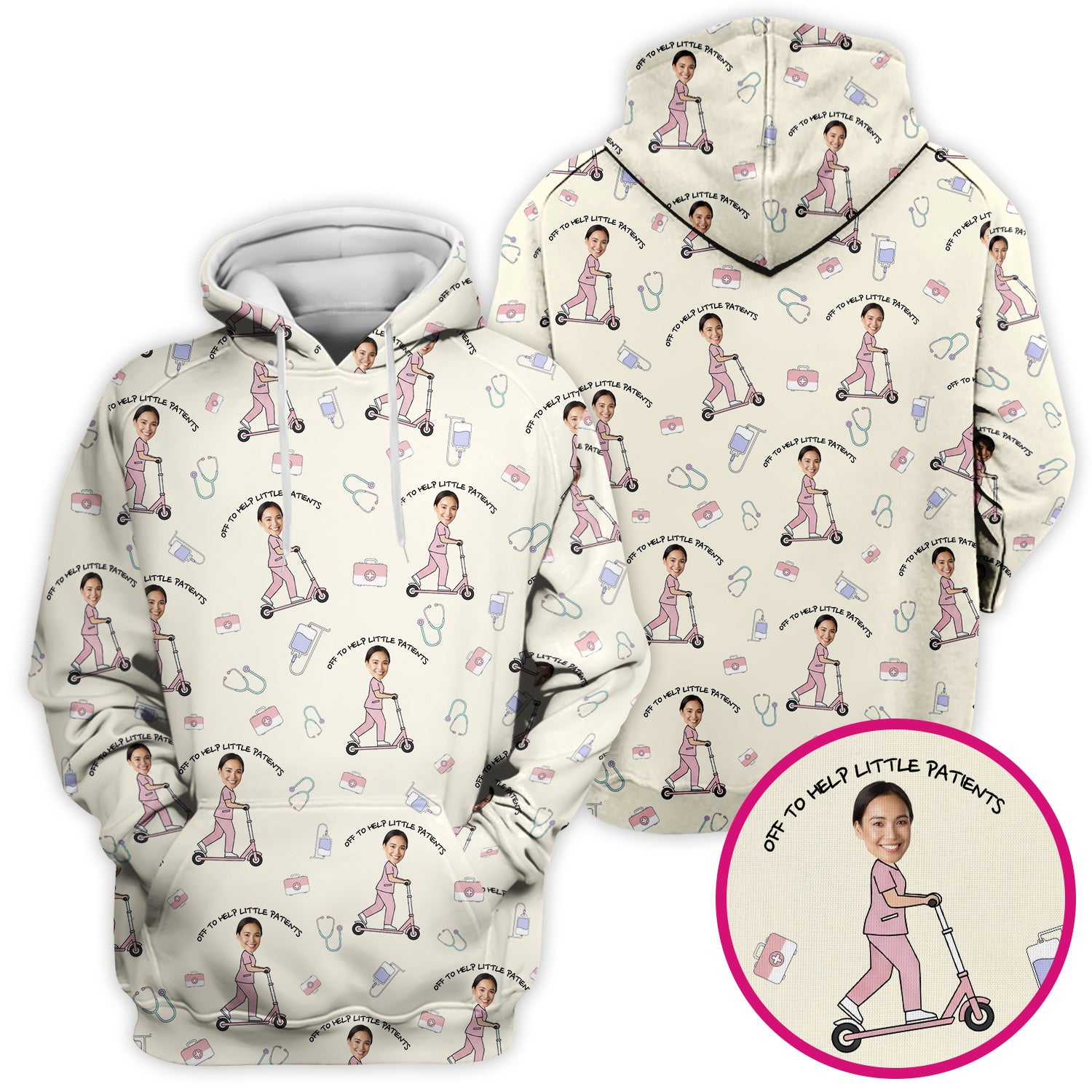 Custom Face Pediatric Nurse Scooter Pattern Scrub Top, Comfortable Scrubs for Nurses