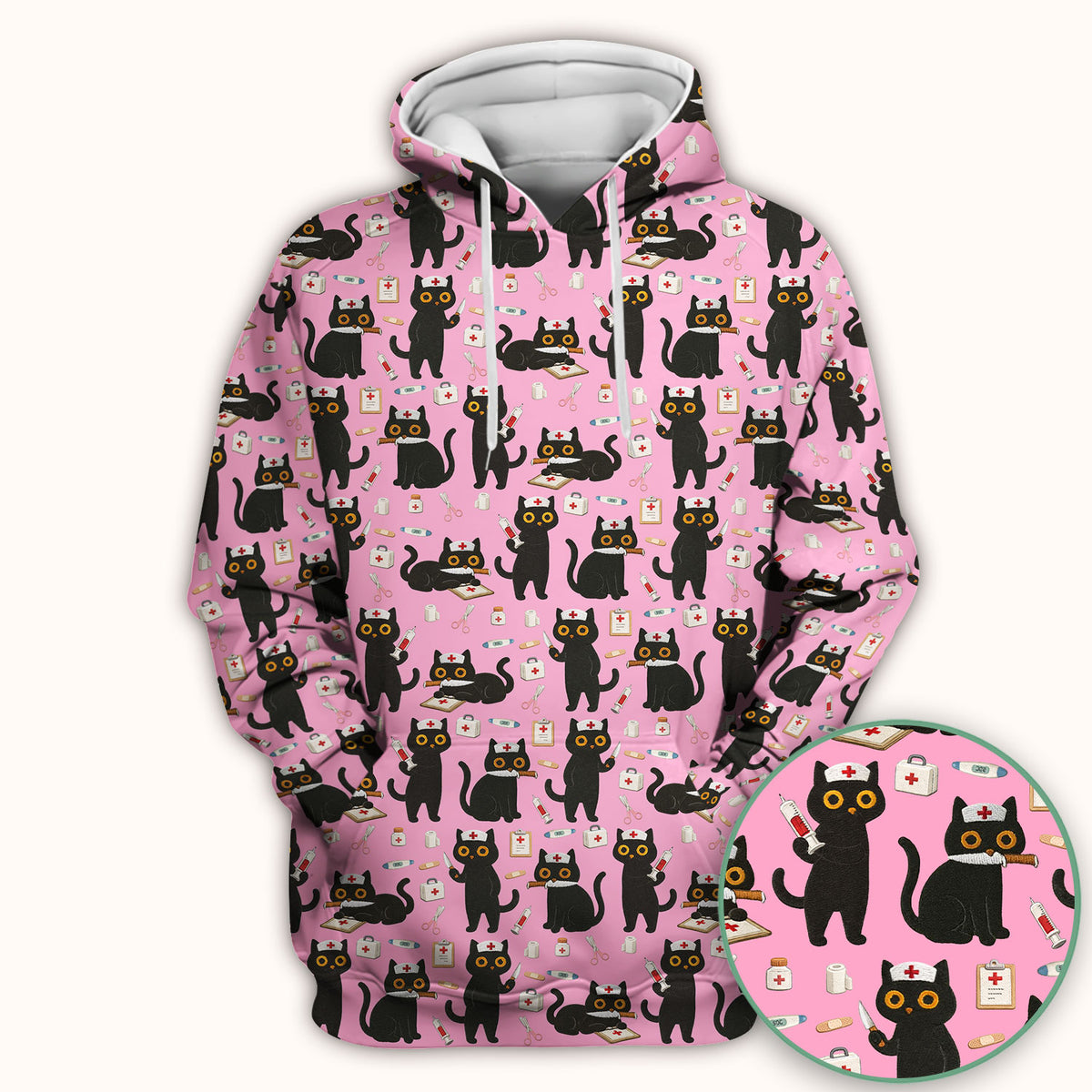 Cute Black Cat Nurse Pattern Scrub Top, Comfortable Scrubs for Nurses