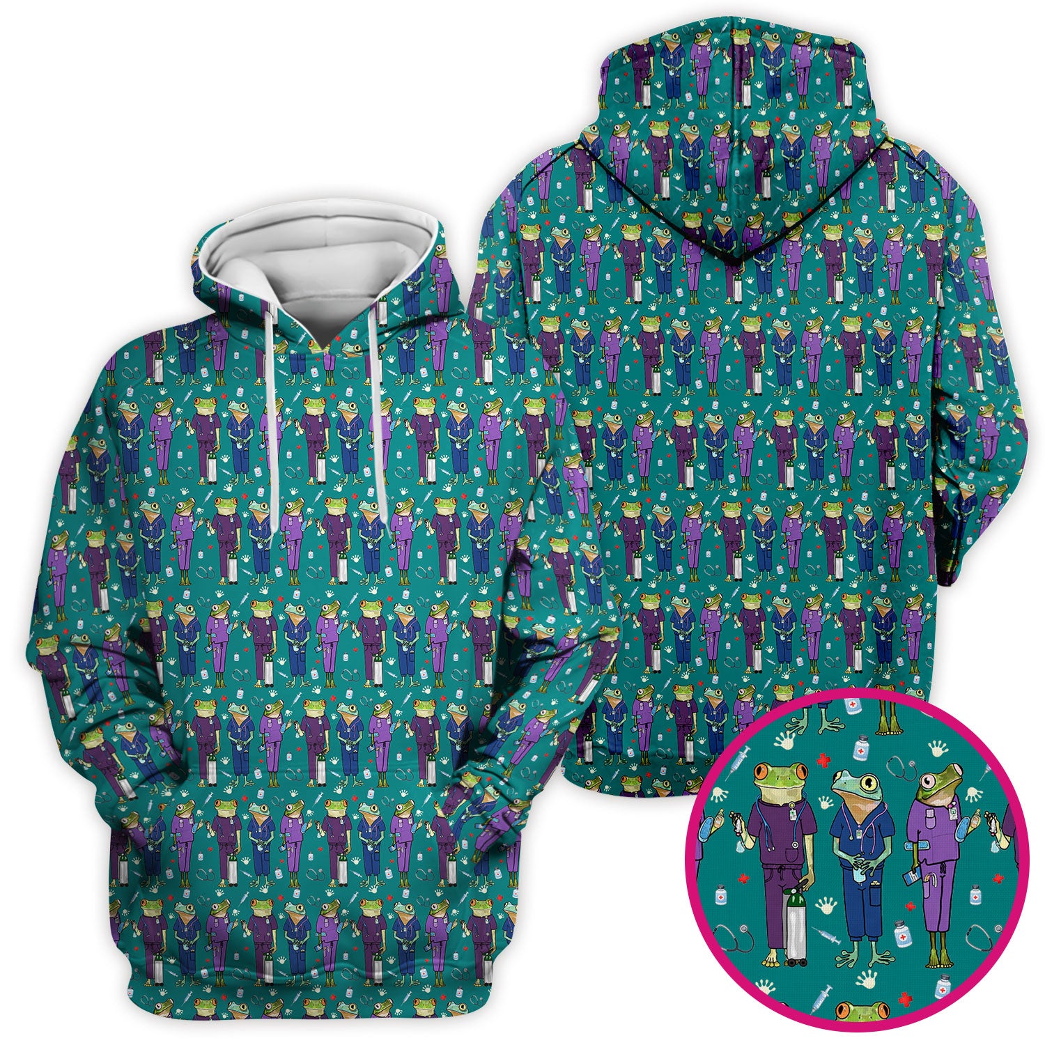 Funny Frog Nurse Pattern Scrub Top, Breathable Healthcare Uniform Top