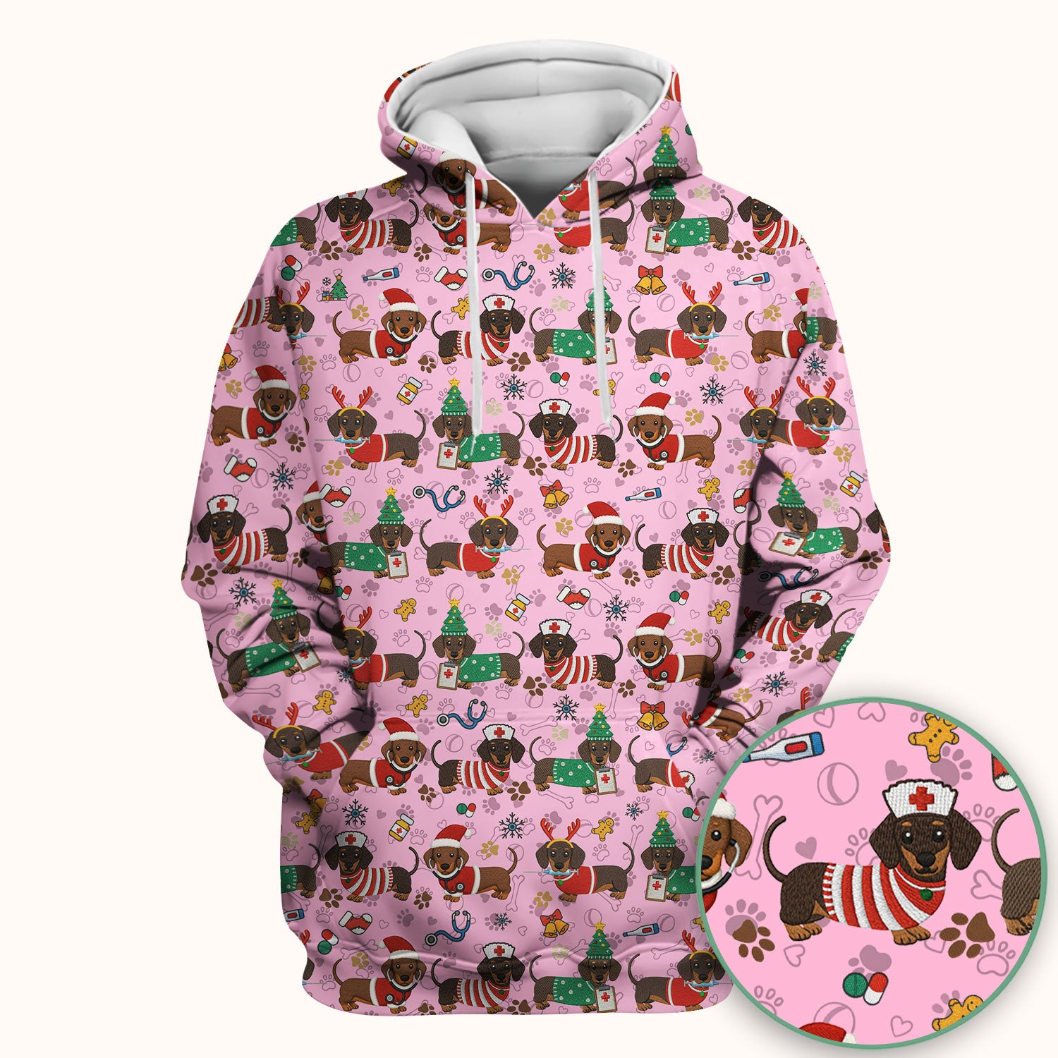 Christmas Dachshund Scrub Top for Nurses - Cute Wiener Dog Pattern Medical Shirt - Festive Holiday Scrubs Gift for Women RN CNA LPN