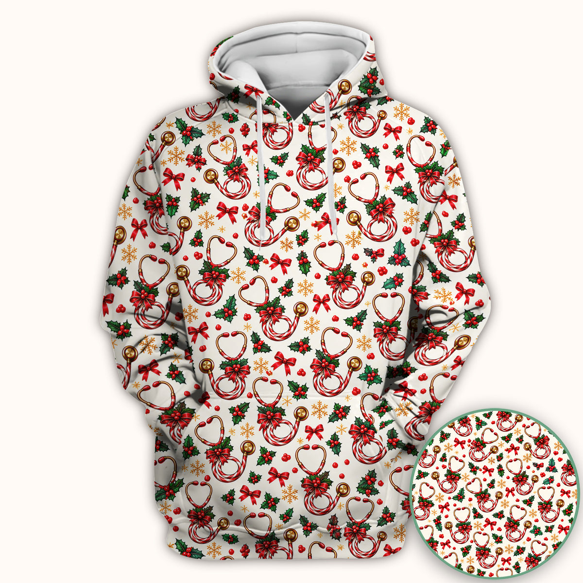 Christmas Candy Cane Stethoscope Pattern Scrub Top, Comfortable Scrubs for Nurses