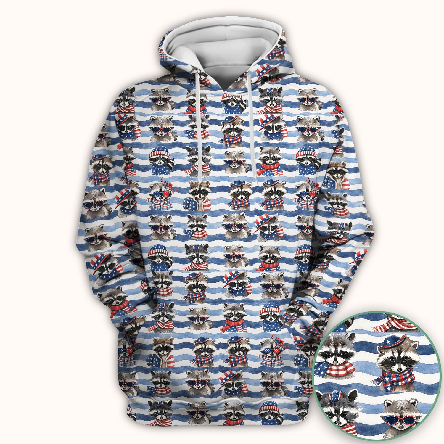 Patriotic Raccoon Watercolor Stripe Pattern Scrub Top, Comfortable Scrubs for Nurses