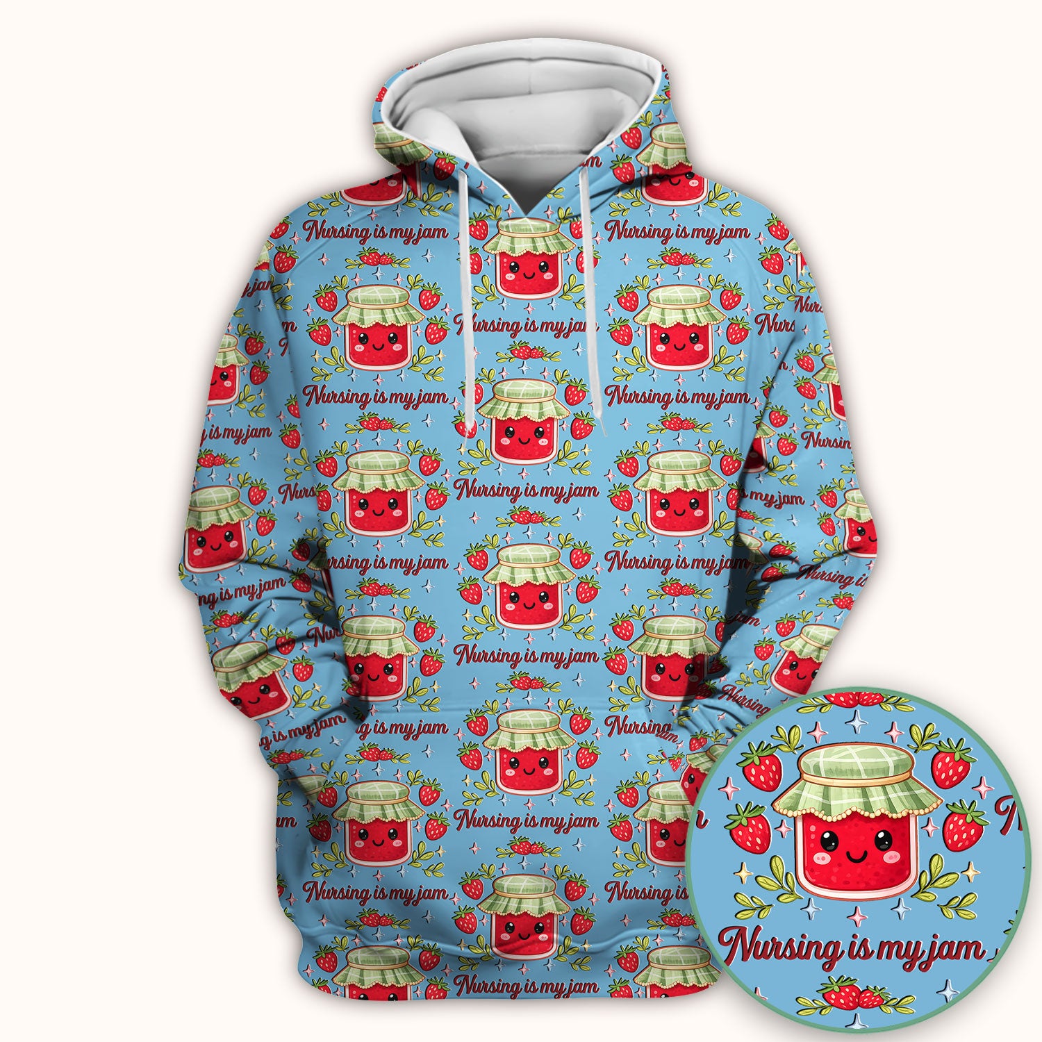 Cute Strawberry Jam Nurse Pattern Scrub Top, Breathable Fabrics Nursing Uniform
