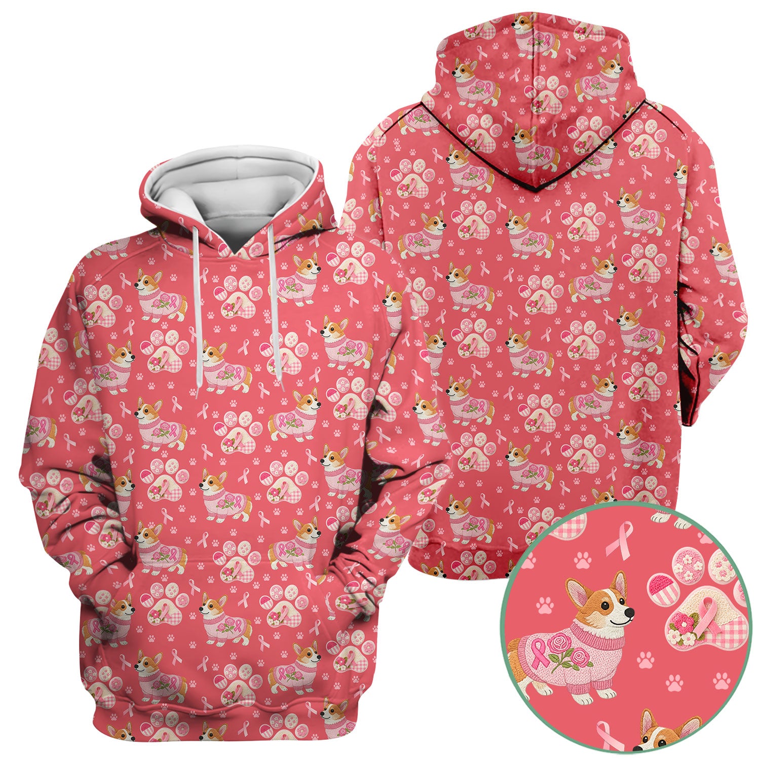 Floral Corgi Scrub Top for Women - Cute Dog Paw Print with Pink Ribbon Shirt - Breast Cancer Awareness October Gift