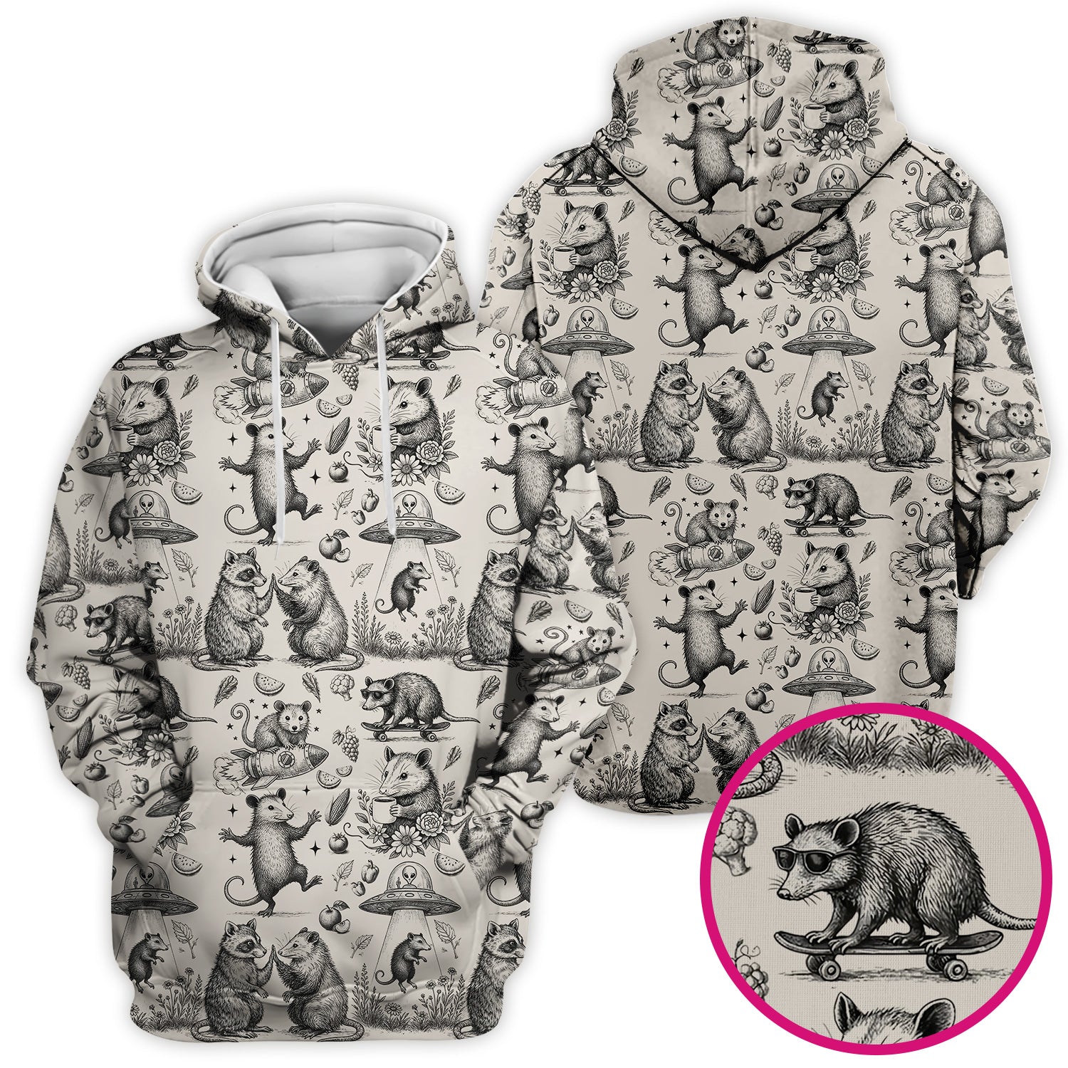 Funny Nurse Vintage Possum Raccoon High Five UFO Pattern Scrub Top, Breathable Fabrics Nursing Uniform