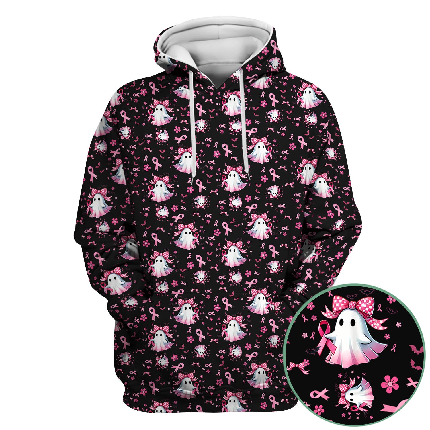 Halloween Ghost Scrub Top for Women - Breast Cancer Awareness Pink Ribbon Nurse Shirt - Cute Spooky Medical Uniform RN LPN CNA