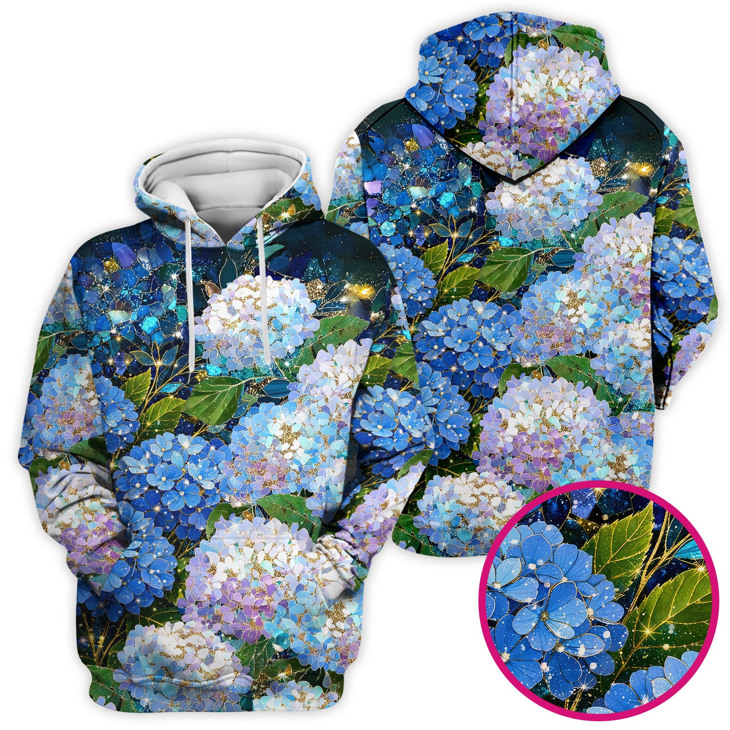 Blue Hydrangea Floral Pattern Scrub Top, Breathable Fabrics Nursing Uniform