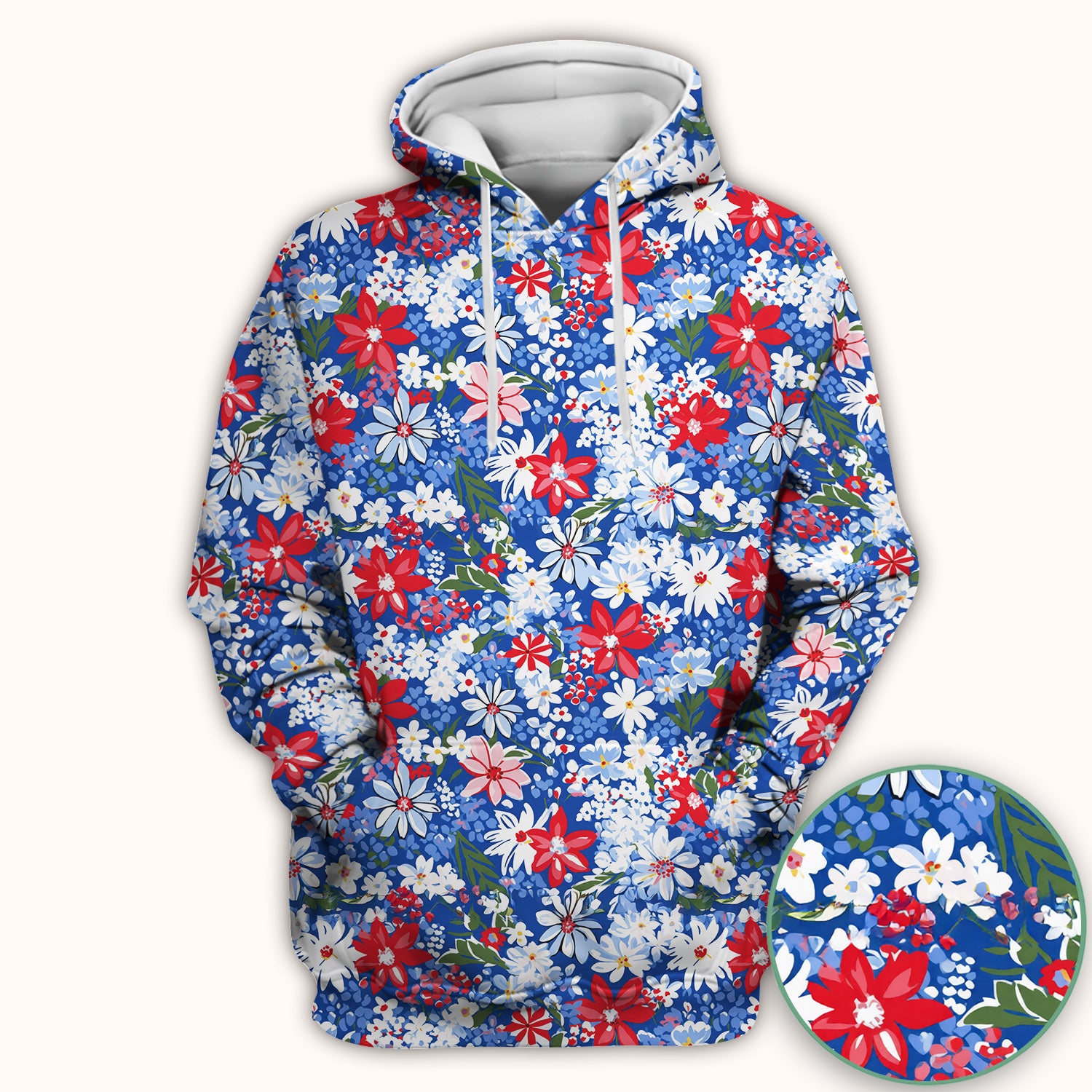 Patriotic Red White Blue Floral Garden Print Scrub Top, Comfortable Scrubs for Nurses