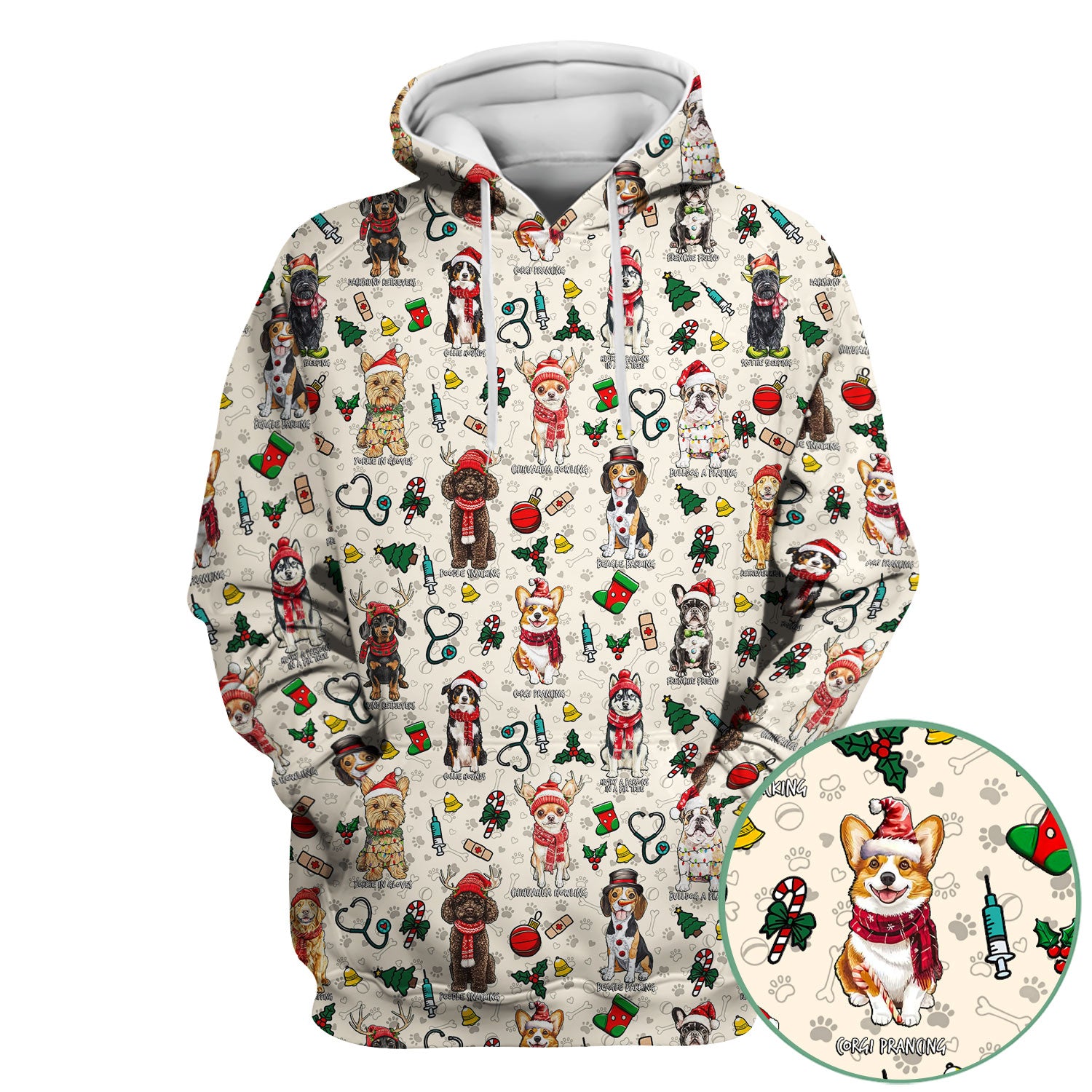 Christmas Dog Scrubs for Nurses – Dachshund, Husky, Poodle, Corgi & Labrador Holiday Scrub Top – Funny Santa Pattern Medical Shirt