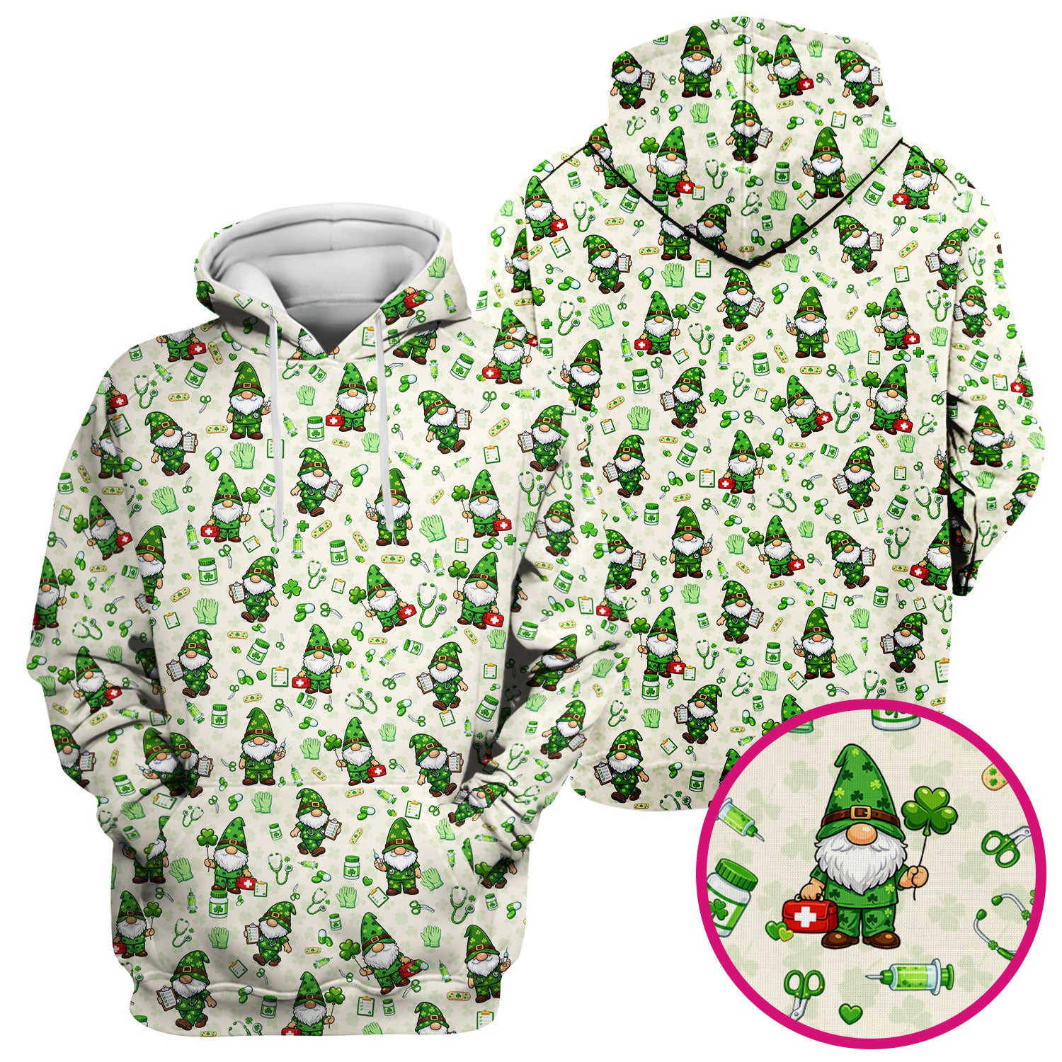 St. Patrick’s Day Nurse Gnome Scrub Top, Green Lucky Medical Pattern Nurse Shirt, Breathable Fabrics Nursing Uniform