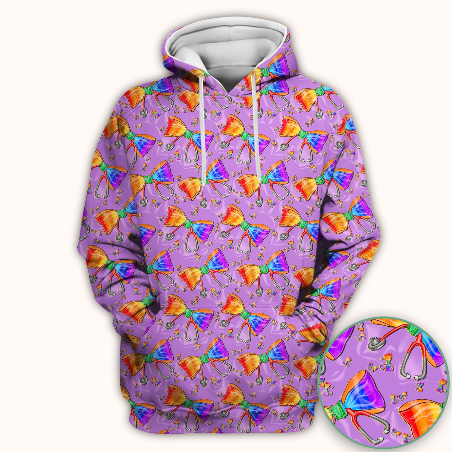 Colorful Rainbow Bow Stethoscope Pattern Scrub Top, Breathable Fabrics Nursing Uniform