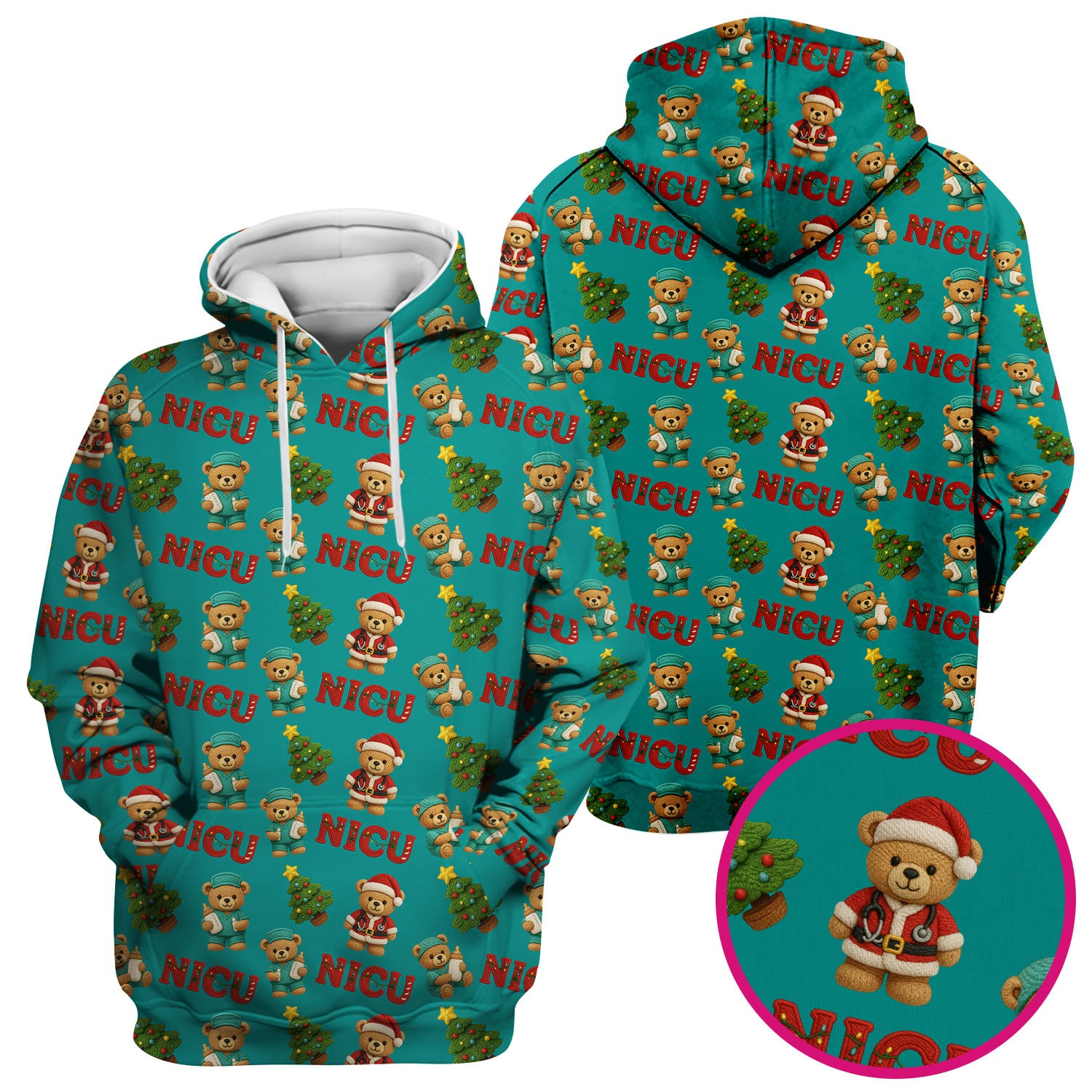 Festive Christmas NICU Nurse Teddy Bear Pattern, Breathable Fabrics Nursing Uniform