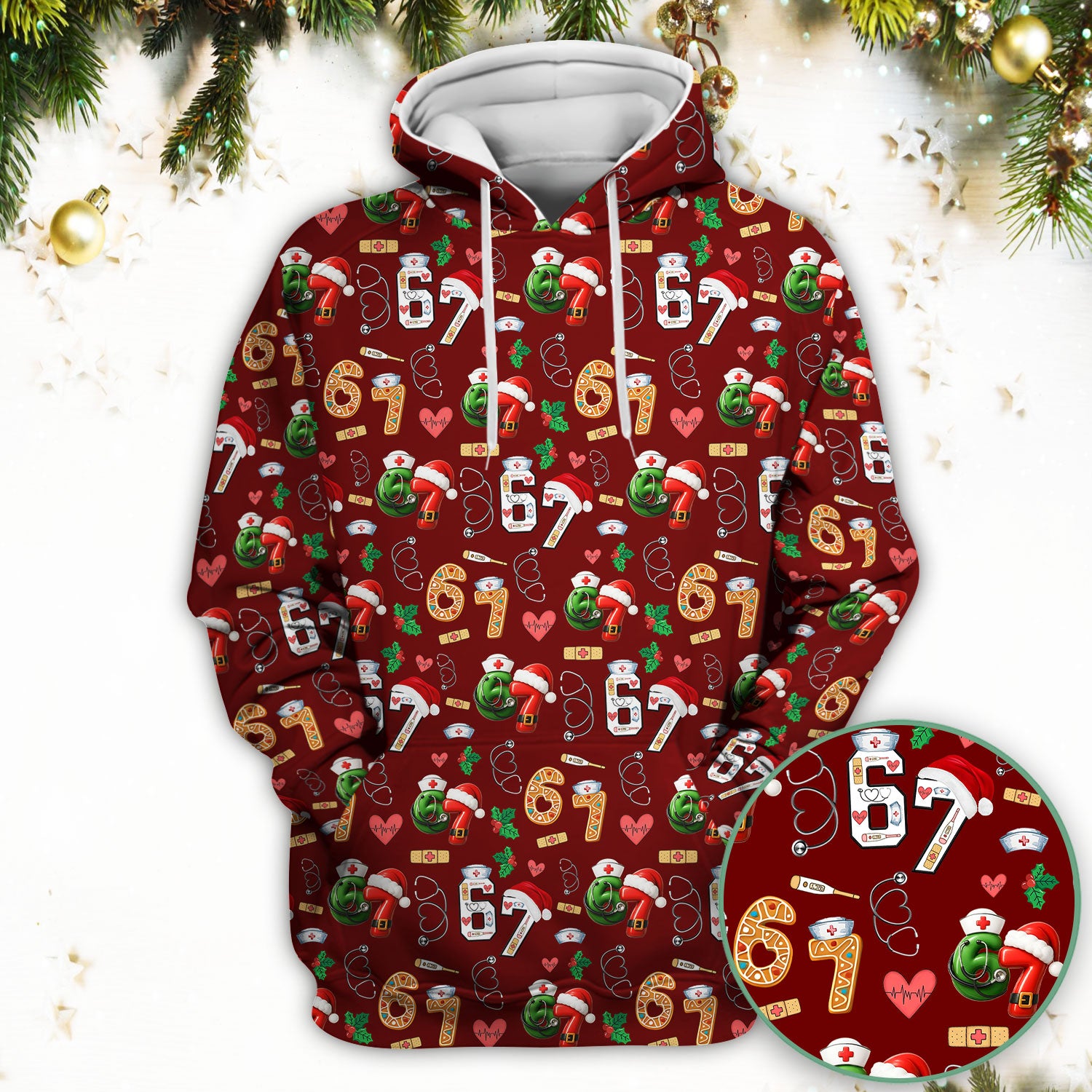 Christmas Nurse 67 Pattern Scrub Top, Cute Holiday Medical Shirt With Santa Hat, Uniform For Nursing