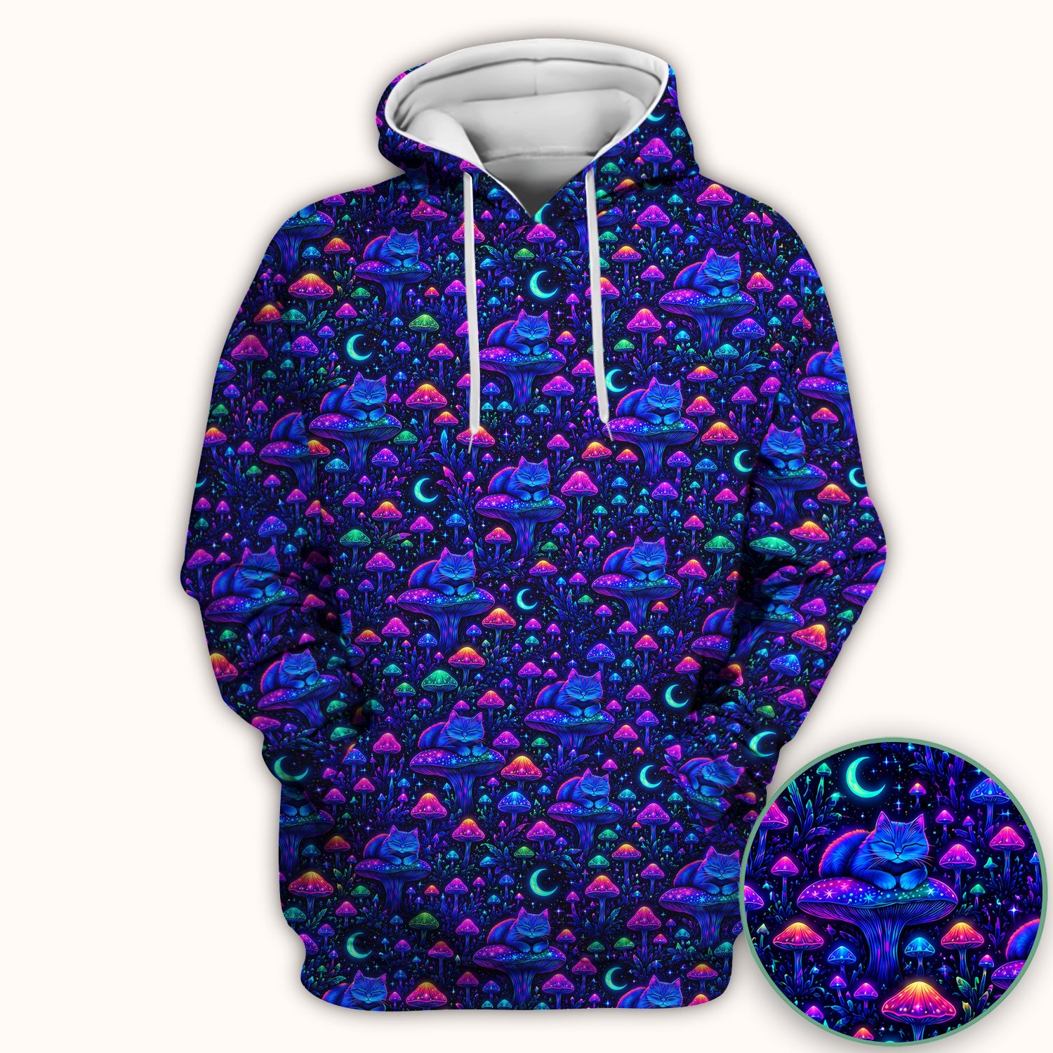 Neon Mushroom Cat Galaxy Scrub Top, Psychedelic Night Forest Nursing Uniform