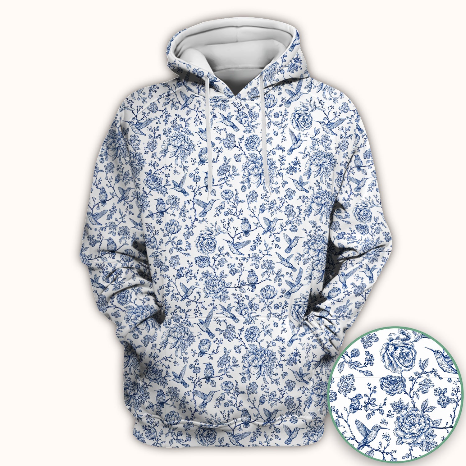 Blue Toile Hummingbird Floral Pattern Scrub Top, Comfortable Scrubs for Nurses