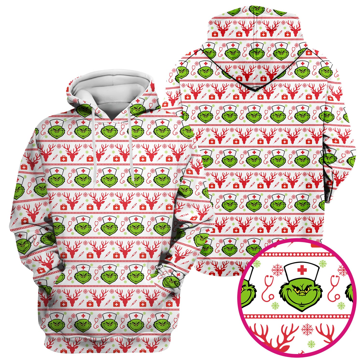 Funny Grinch Nurse Scrubs Top - Ugly Christmas Sweater Style Scrub Shirt - Holiday Nursing Workwear for Women