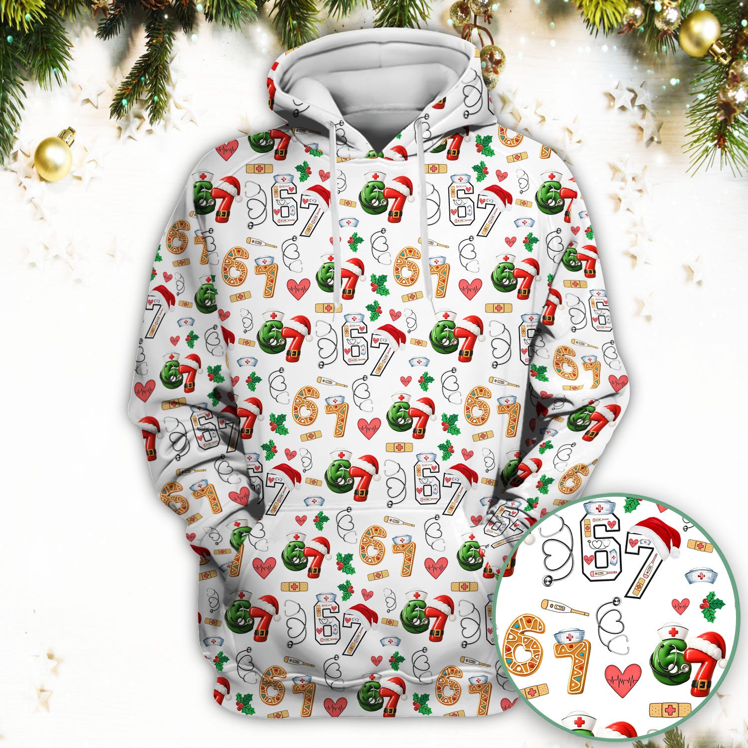 Christmas Nurse 67 Pattern Scrub Top, Cute Holiday Medical Shirt With Santa Hat, Uniform For Nursing