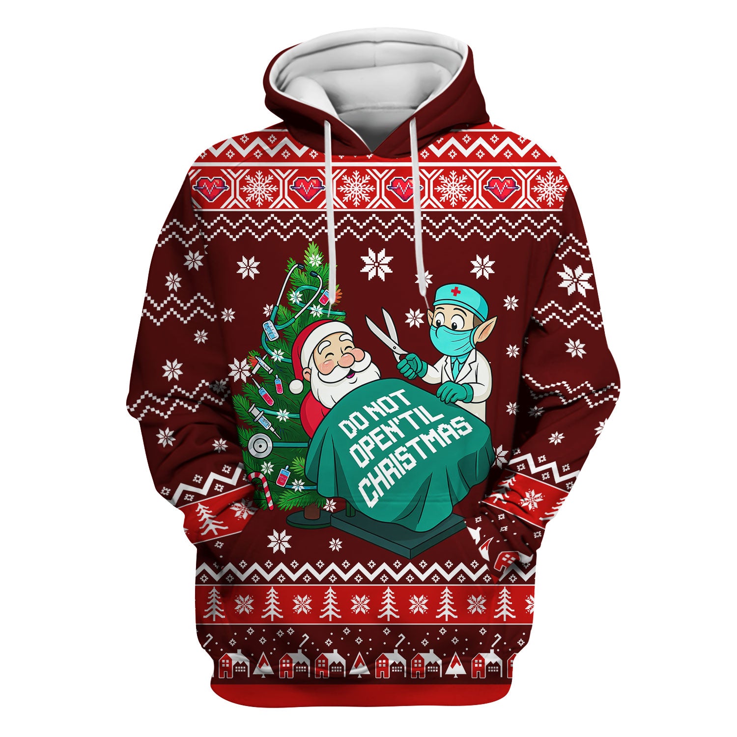 Funny Scrub Top for Women - Do Not Open Til Christmas Santa and Elf - Holiday Medical Uniform Gift for RN LPN CNA