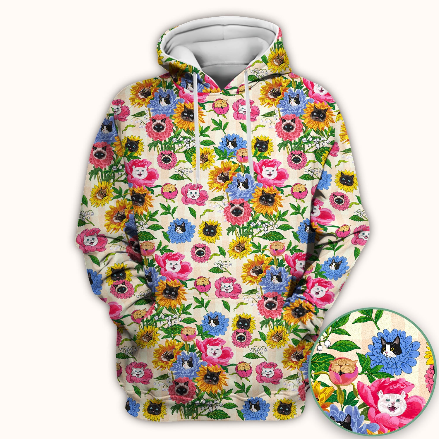 Cat Face Hidden In Colorful Flower Garden Scrub Top, Breathable Fabrics Nursing Uniform