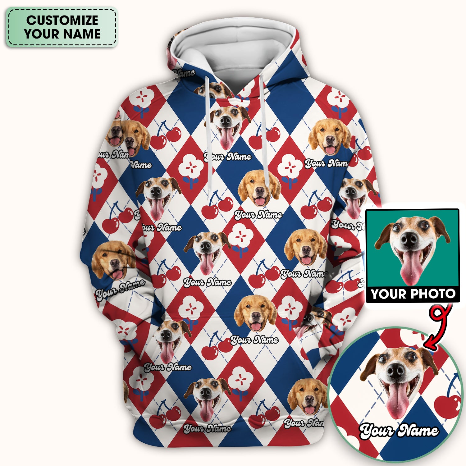 Custom Dog Face Scrub Top, Playful Dog Cherry Argyle Pattern Shirt, Comfortable Scrubs for Nurses