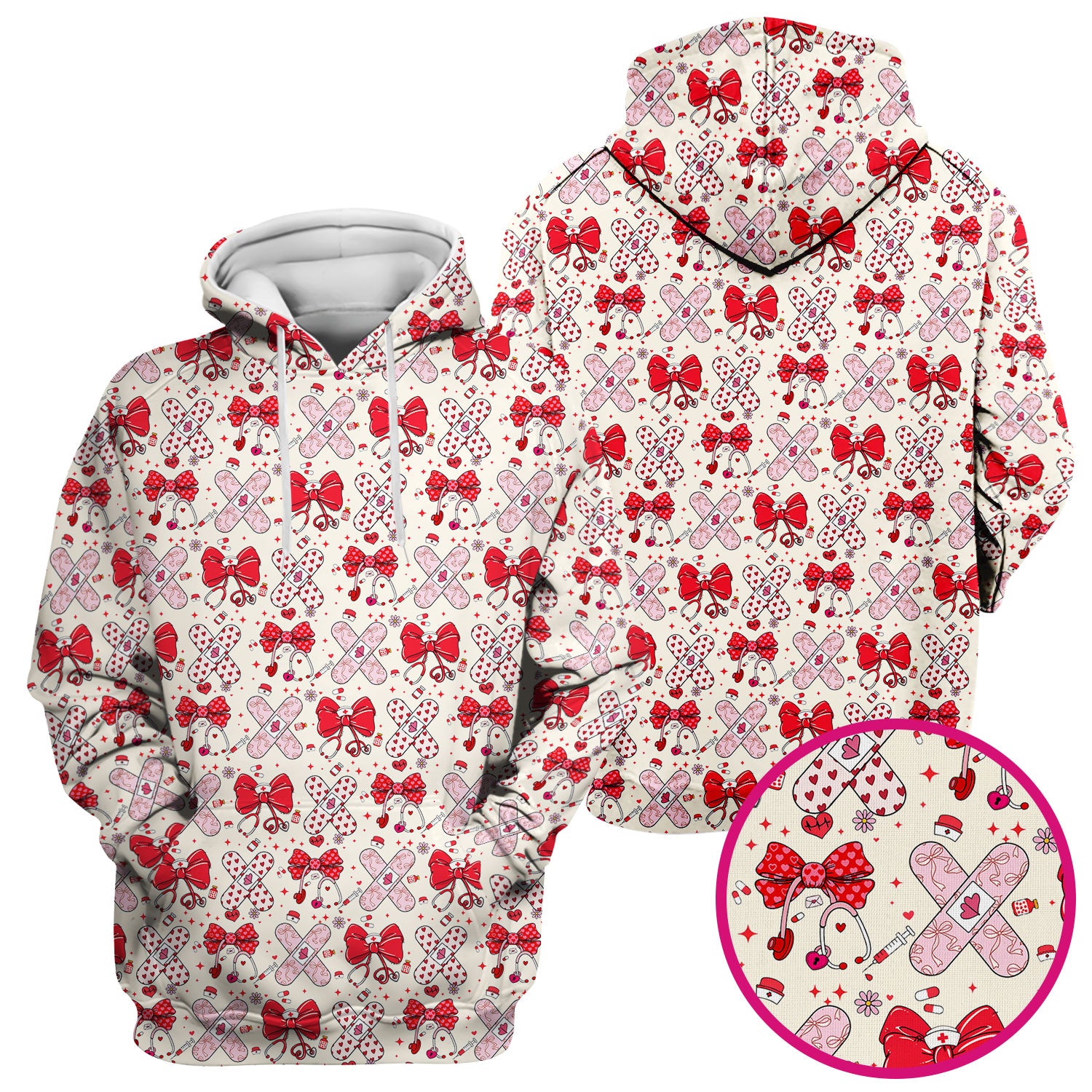 Valentine Nurse Scrub Top, Red Bow And Heart Bandage Pattern Medical Shirt, Breathable Fabrics Nursing Uniform