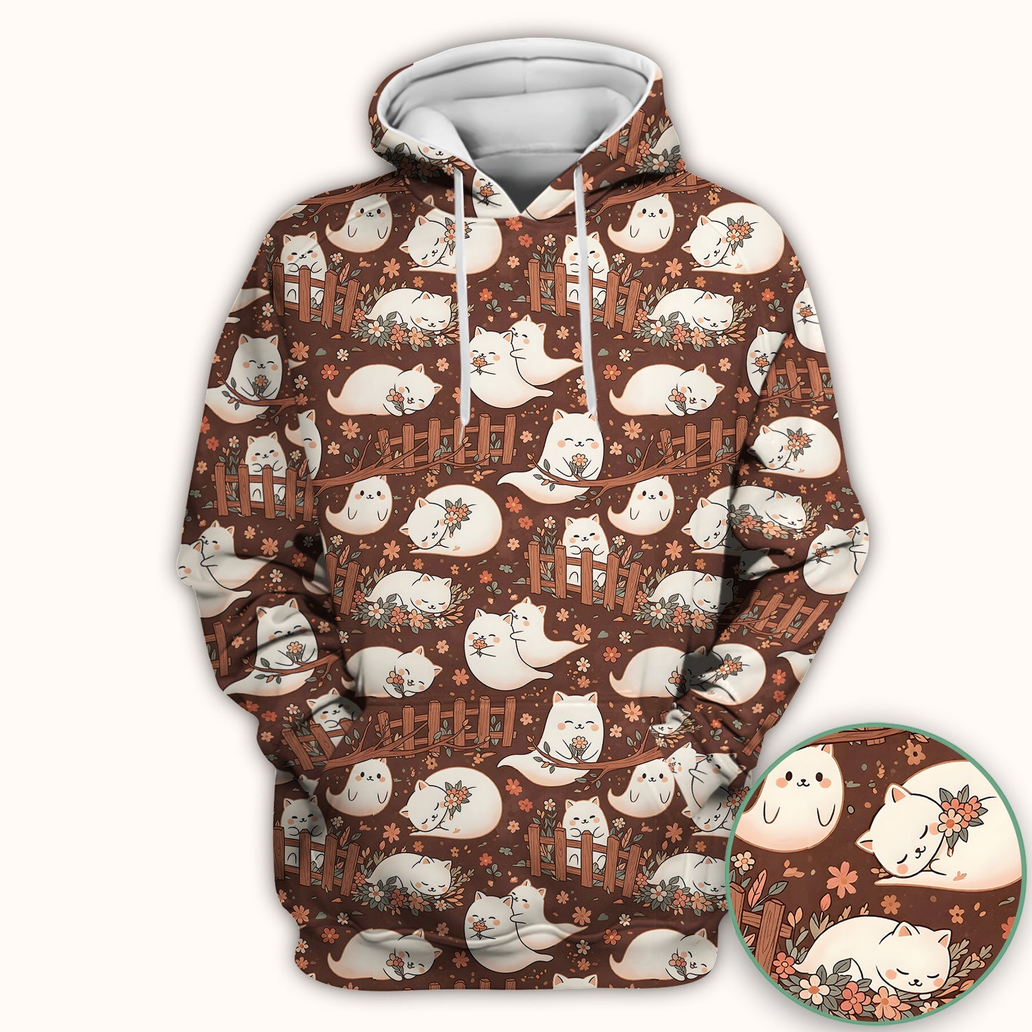 Floral Cat with Garden Fence Print Scrub Top, Comfortable Scrubs for Nurses