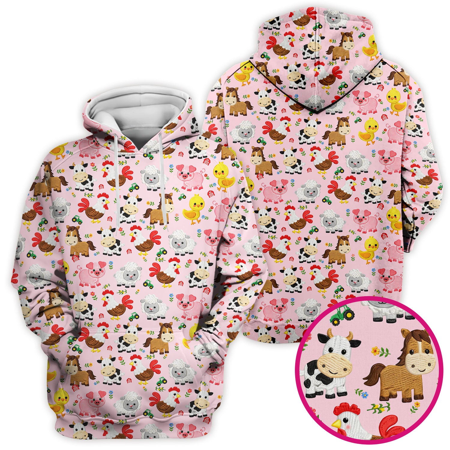 Cartoon Farm Animal Pattern Scrub Top, Breathable Fabrics Nursing Uniform