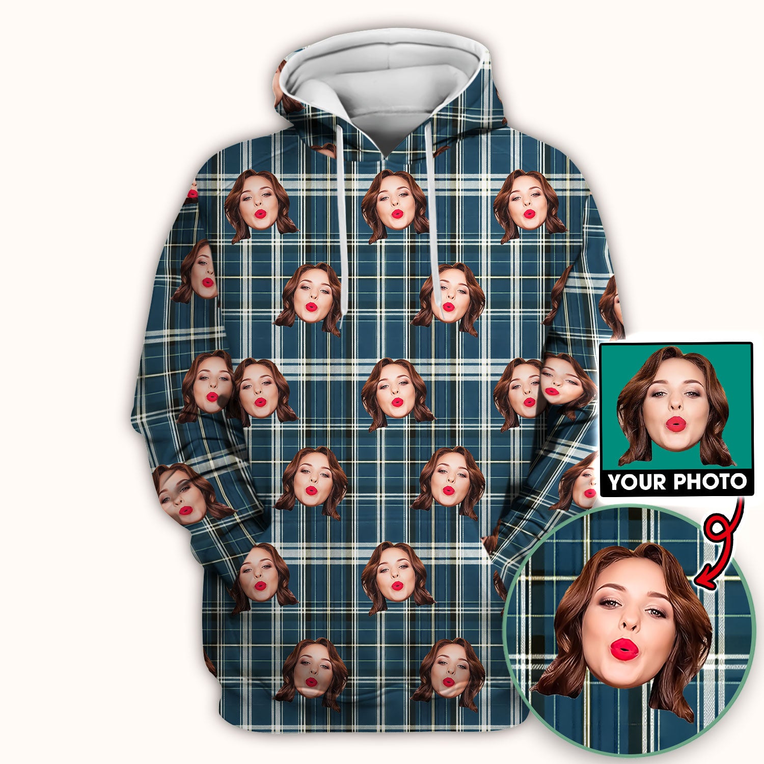Personalized Funny Face Plaid Scrub Top, Custom Photo Pattern Medical Shirt, Breathable Fabrics Nursing Uniform